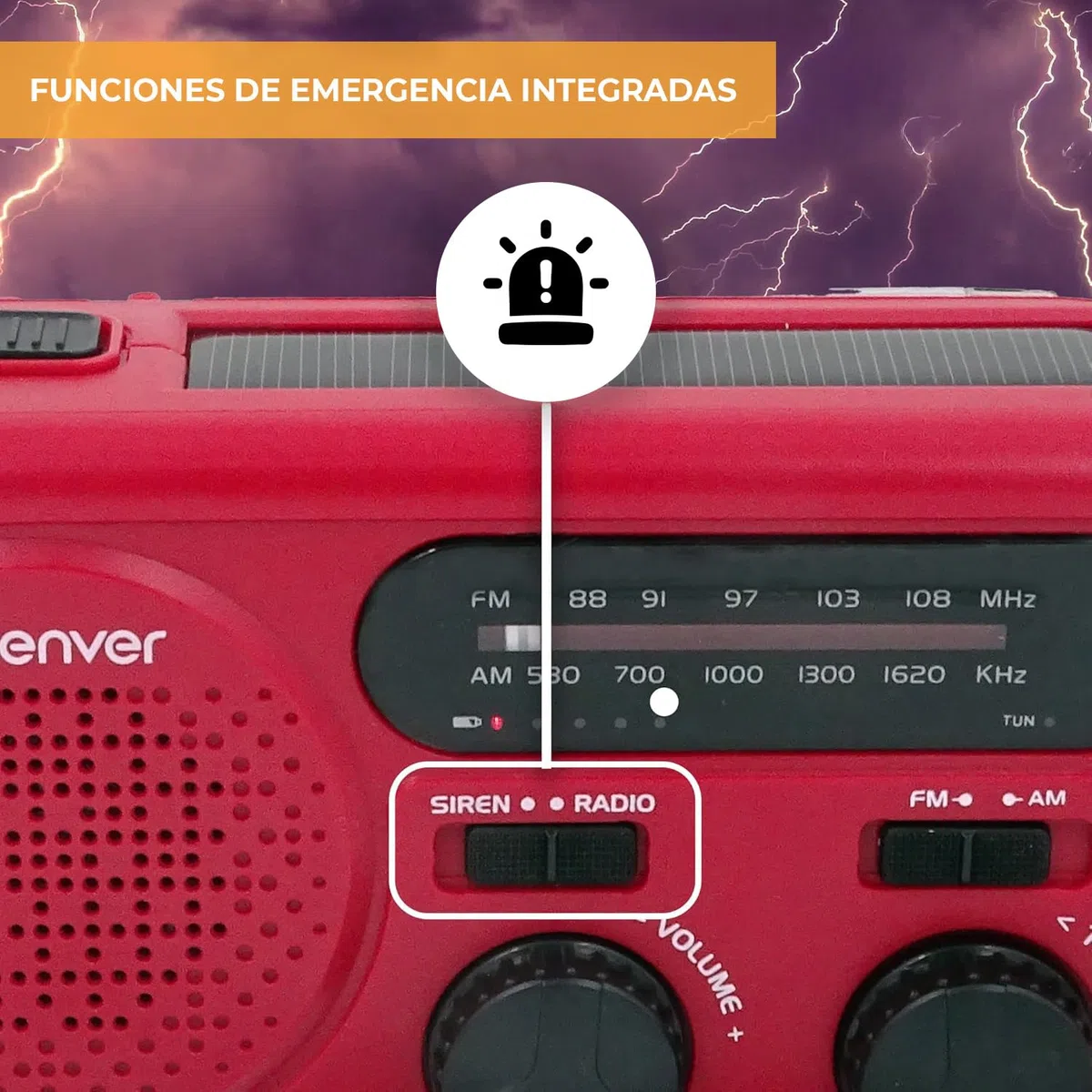 Denver SCR-2010MK2 Radio Solar de Emergencia con Manivela, Am/FM, Linterna LED 1W, Sirena SOS, Batería Recargable 2000 mAh, USB-C/USB-A, Funciona con Pilas AAA, para Apagones y Camping