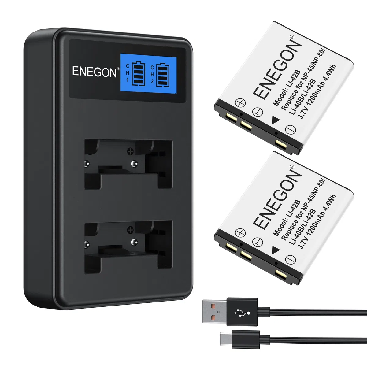 ENEGON NP-45 NP-45A NP-45B NP-45S Batería (2x1200mAh) y Kit de Carga de Compatible con Olympus Li-40B Li-42B Nikon EN-EL10 Fujifilm INSTAX Mini 90 Fuji FinePix XP20 XP80 XP120 T350 T500 T510 J15 J100