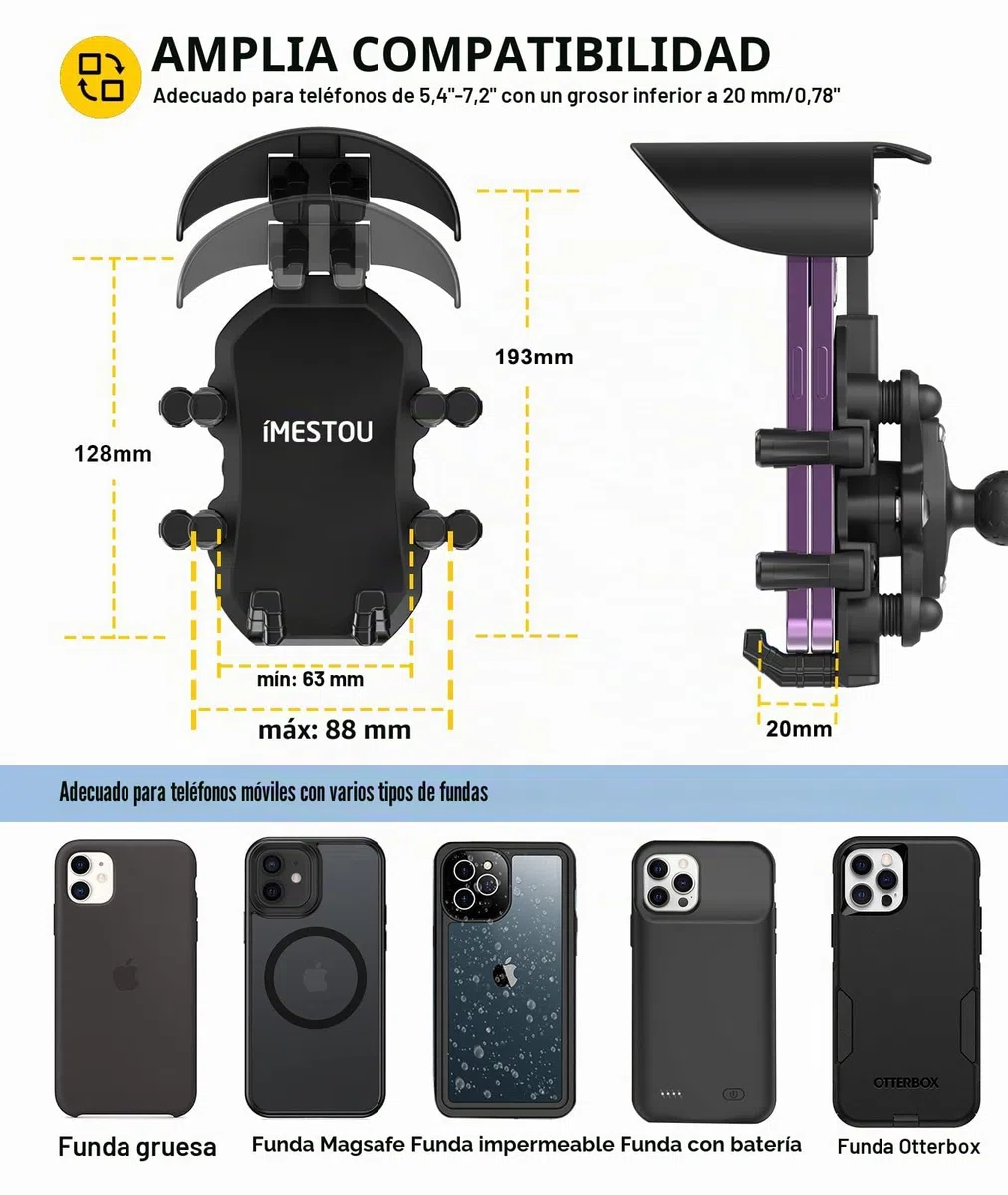 iMESTOU Soporte Antivibración para Teléfono Móvil de Motocicleta con Base Esférica de 2,5 cm Adecuado para Manillares de 12 a 32 mm, Ampliamente Compatible con Smartphones de 5,4 a 7,0 Pulgadas