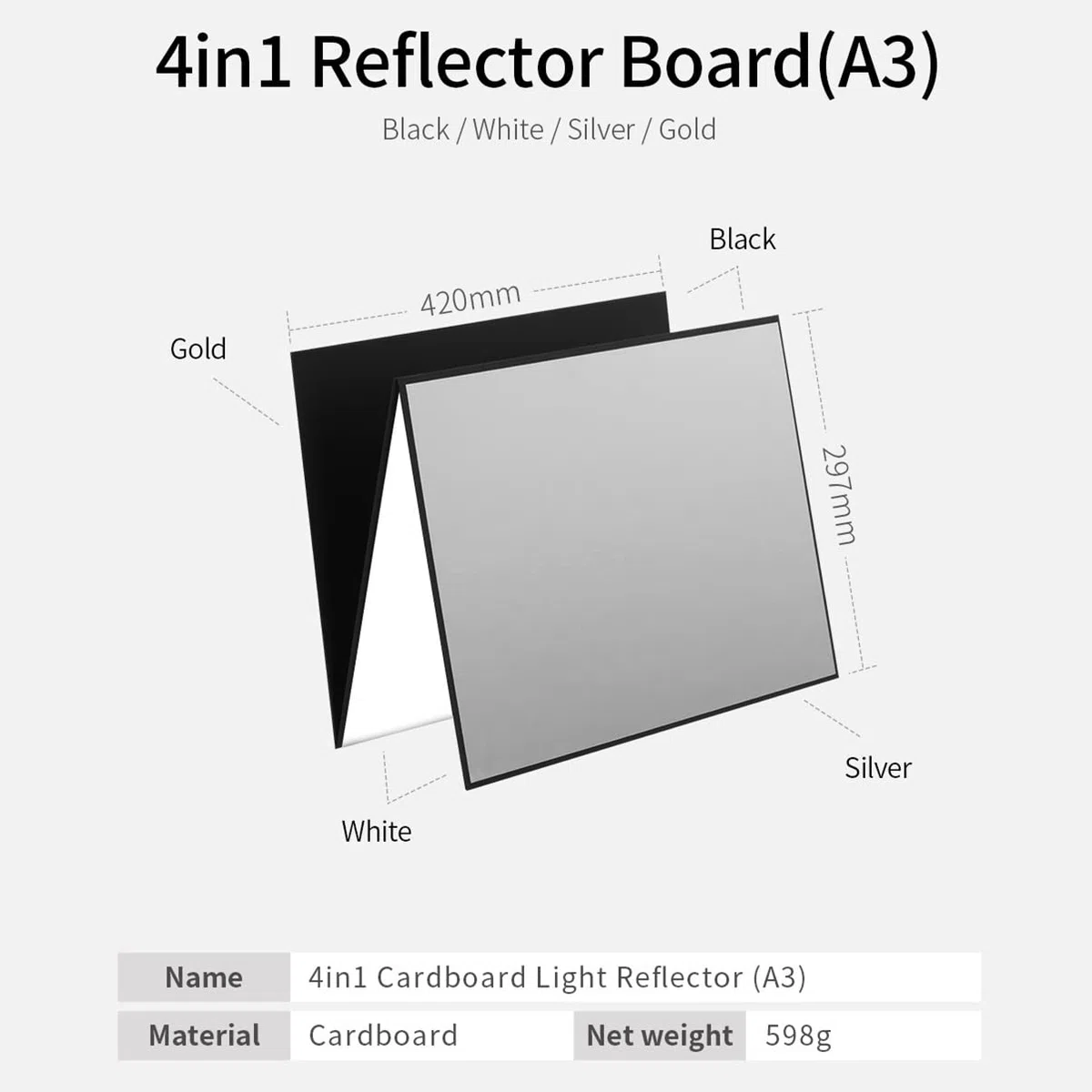 Selens Reflector de luz 4 en 1, difusor de cartón, fotografía, 42 x 29,7 cm, tablero plegable para el producto, accesorios de alimentos, joyería, fotografía, plata/blanco/oro/negro, A3