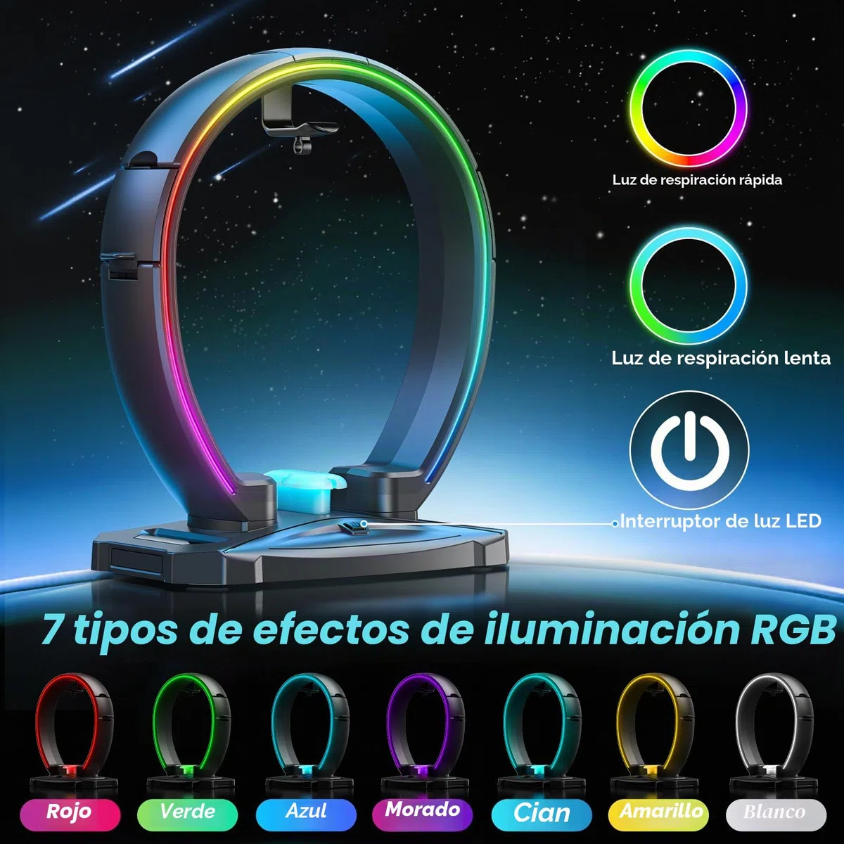 KDD LED Soporte Cascos Gaming con 9 Modos de Luz - Soporte Auriculares & Soporte Mando Plegable con Organizador de Cables - Cascos Porta Auriculares Mesa para Escritorio Gamer Accesorios Gaming PC