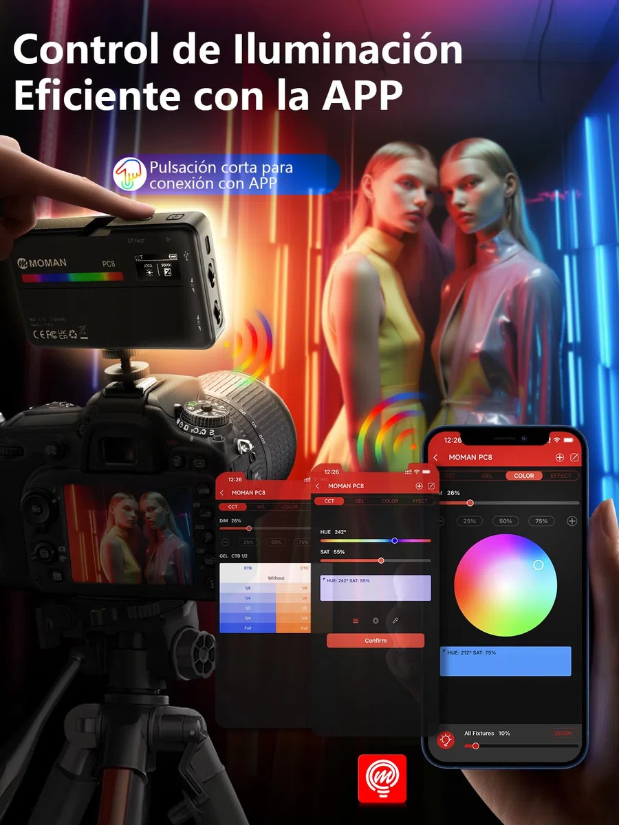 Moman PC8 Antorcha LED RGB Fotografia Portátil de 125g con Batería Recargable Iluminación Vídeo para DSLR Reflex, Foco-Cámara-Antorcha-Video-Led