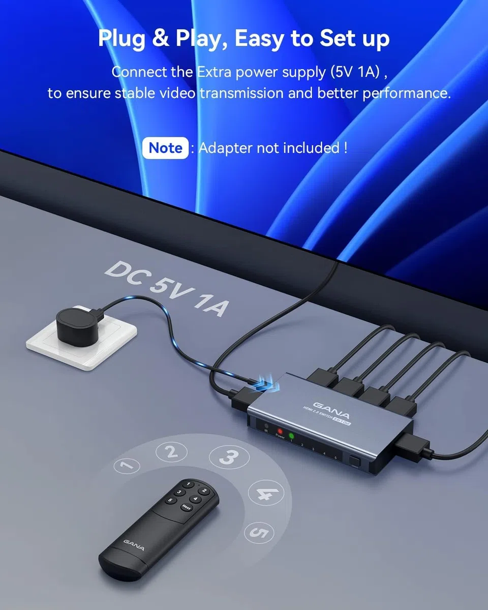 GANA - Conmutador HDMI 5 en 1 Salida 4K a 60Hz, conmutador Divisor HDMI con Control Remoto, Caja de Interruptor HDMI 2.0 de Aluminio para 3D, HDCP2.2, HDR, Compatible con Xbox, PS5/4/3, Fire Stick,