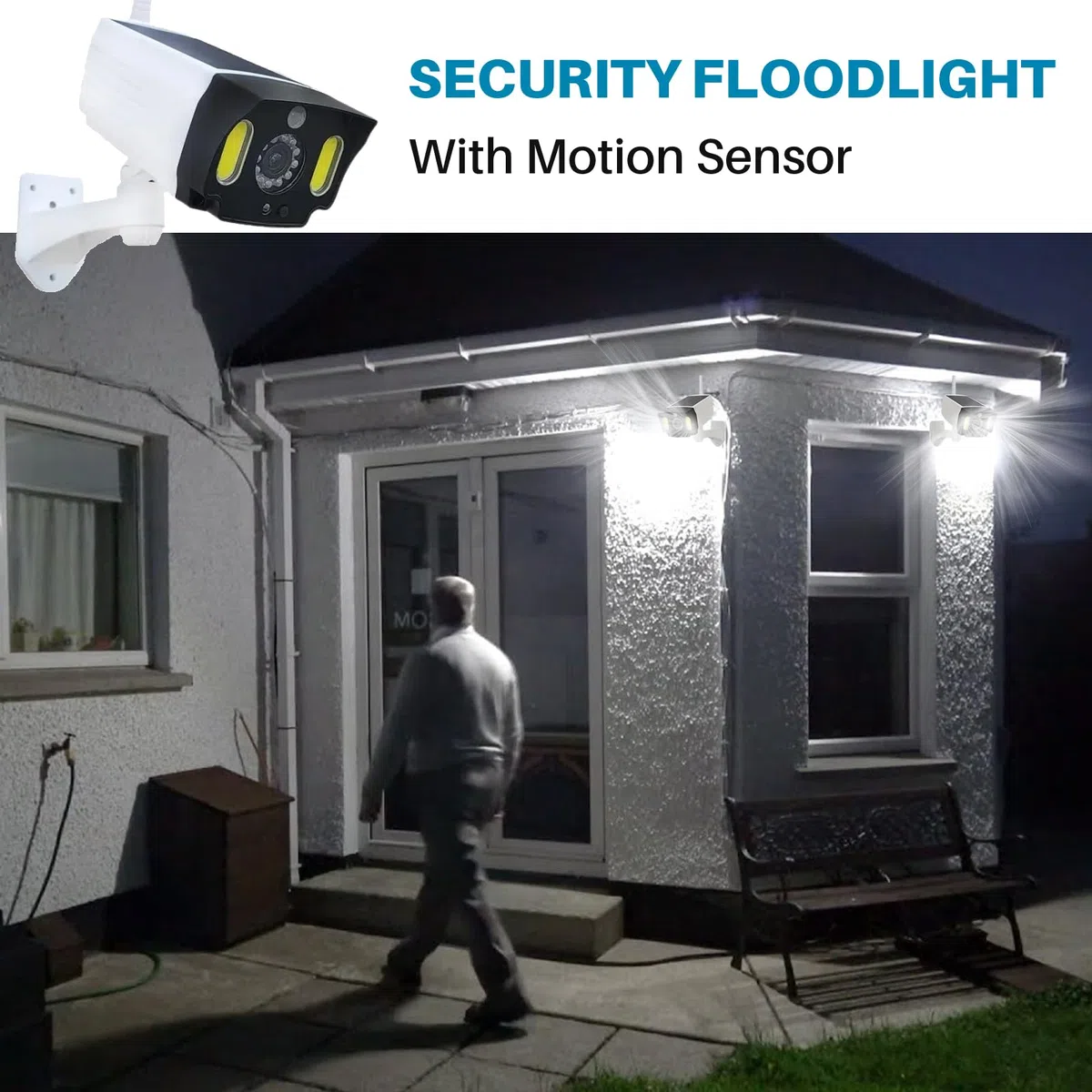 JUSTOP Cámara CCTV falsa, funciona con energía solar, luces LED de seguridad con sensor de movimiento PIR, impermeable para uso en exteriores, color blanco