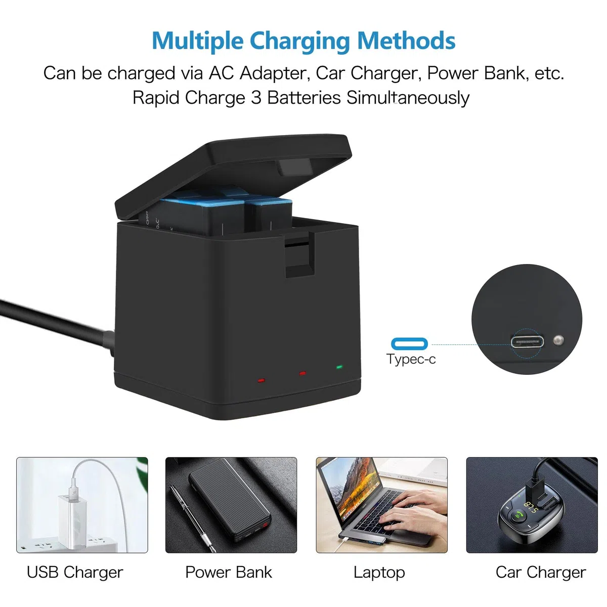2000mAh - Batería Hero 10/9 de repuesto para GoPro Hero 9 Black, GoPro Hero 10 Black y cargador de almacenamiento cerrado de 3 canales (totalmente compatible con los accesorios oficiales GoPro