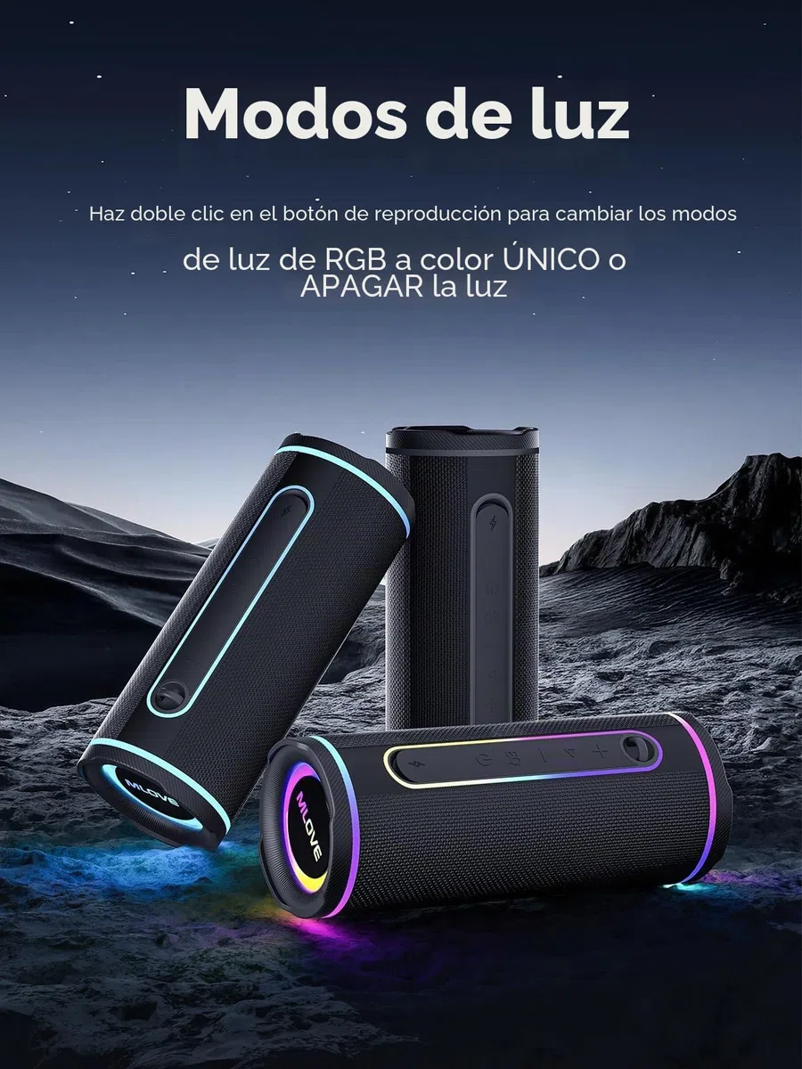 MLOVE E80 Altavoz Portátil Bluetooth Inalámbrico Impermeable RGB LED Luz True Wireless Stereo, Bluetooth 5.4, Bass Boost, Micro-SD, Jack 3,5mm, Carga Type C, Negro