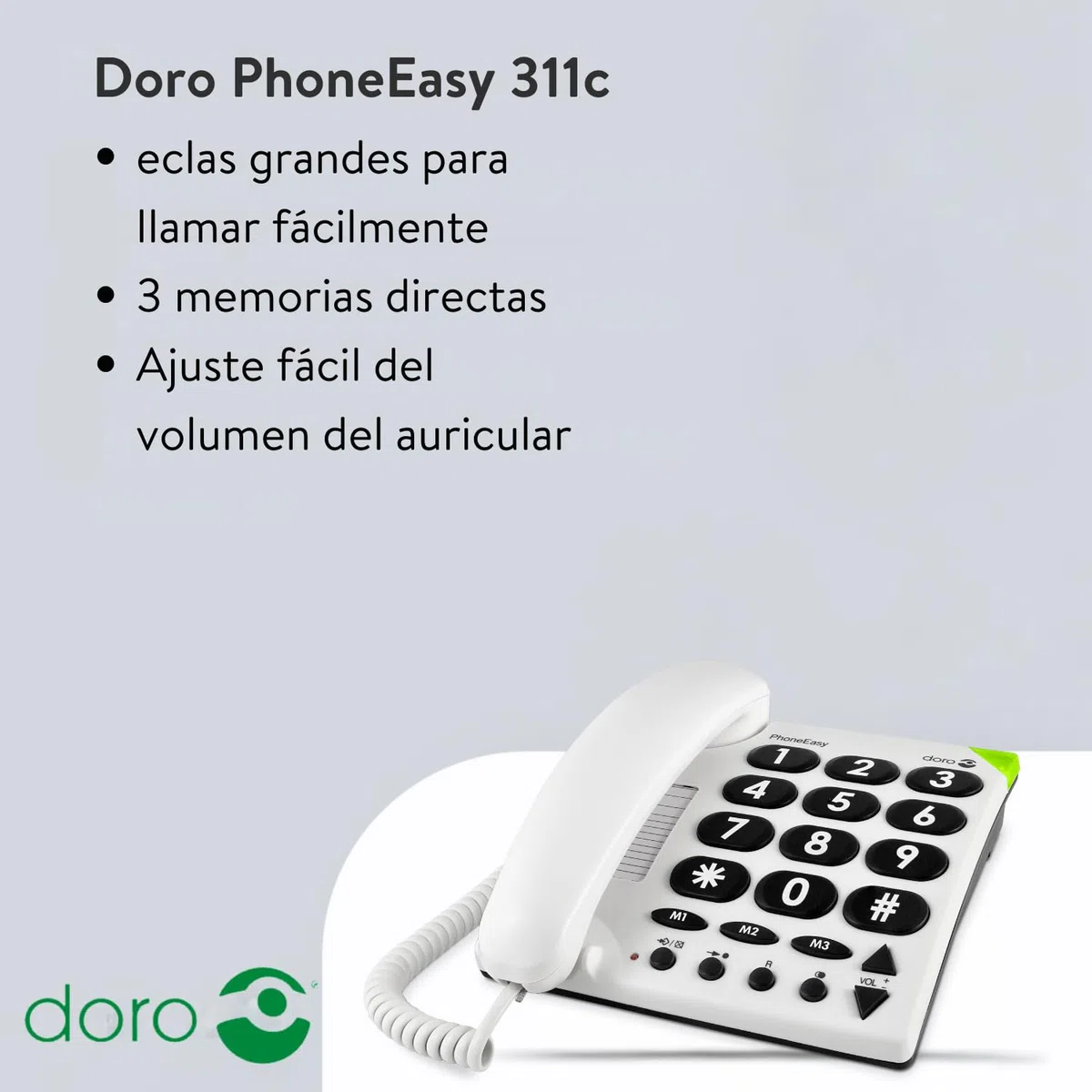 Doro PhoneEasy 311c Teléfono Fijo con Cable para Personas Mayores con Teclas Grandes, Marcación Rápida y Compatible con Audífonos (Blanco) [Versión Española]