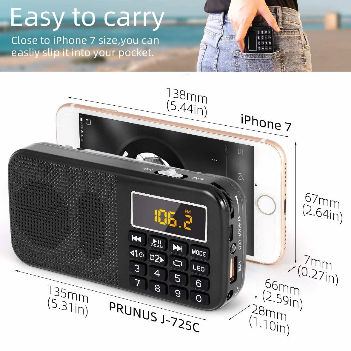 PRUNUS J-725 FM Radio Portatil Pequeña, Reloj Digital Despertador, Bateria Recargable de 3000mAh, Reproductor de AUX/USB/SD con Altavoz de 3W, y Linterna LED(Negra)