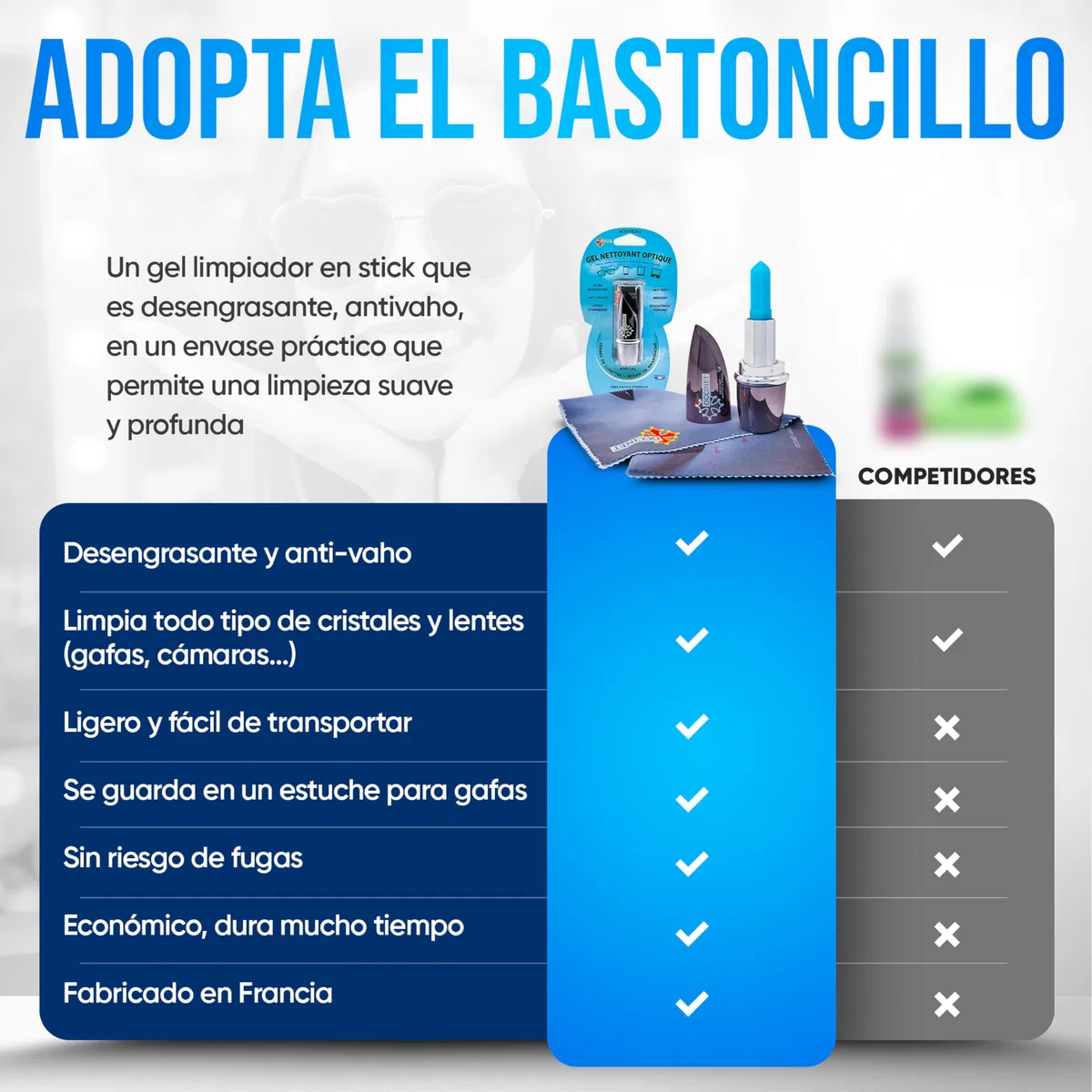 Kit Stick Limpiador de Gafas con Gamuza de Microfibra - Limpia Gafas, Lentes, Cámaras - Desengrasante, Práctico, Antivaho - Seguro para Todas Las Pantallas Gafas