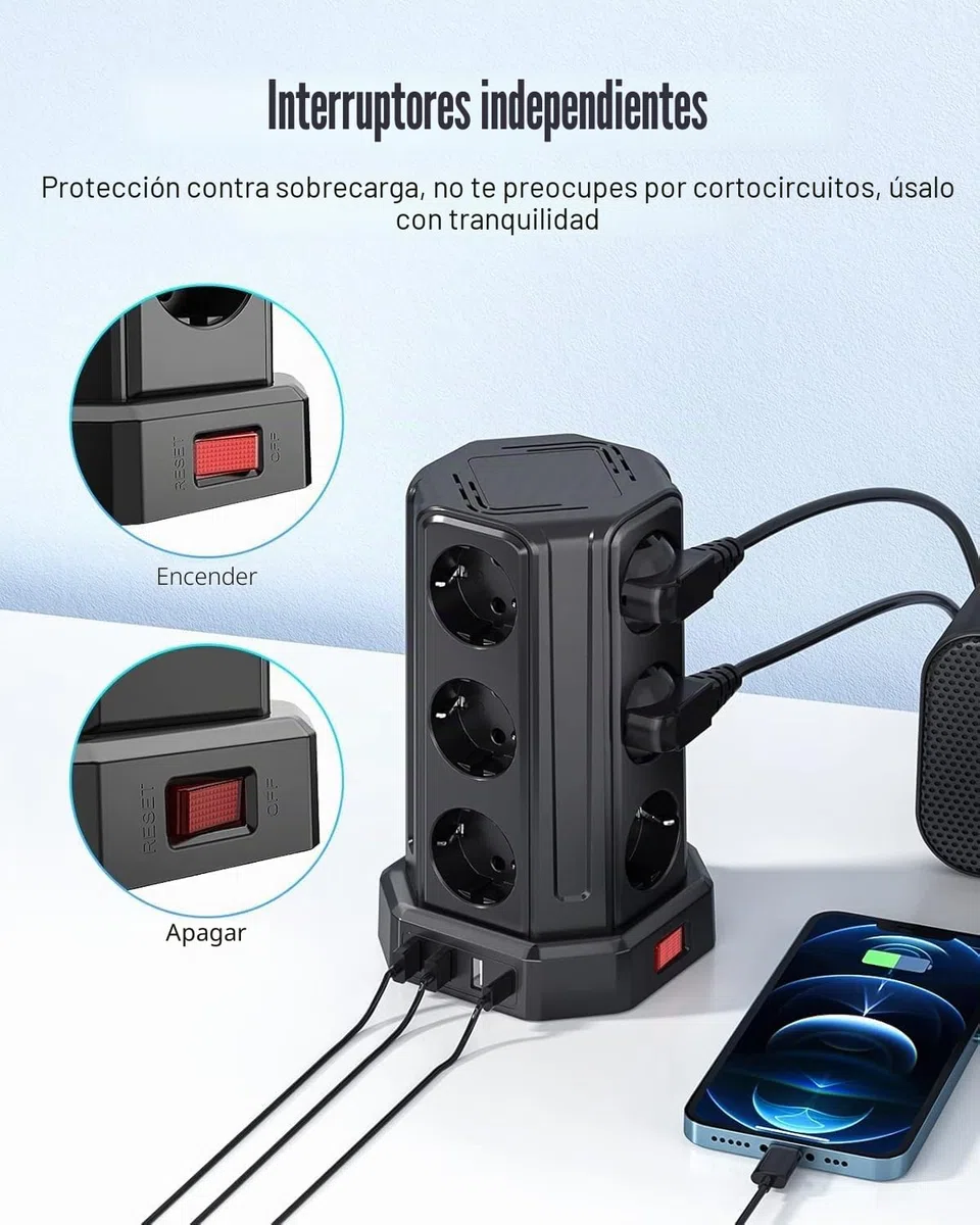 Torre Regletas Enchufes con Cable 5M, Regleta USB 12 Tomas de AC Corrientes y 4 USB, 3680W/16A, Regreltas Vertical con Interruptor para Mesa, Oficia, Casa