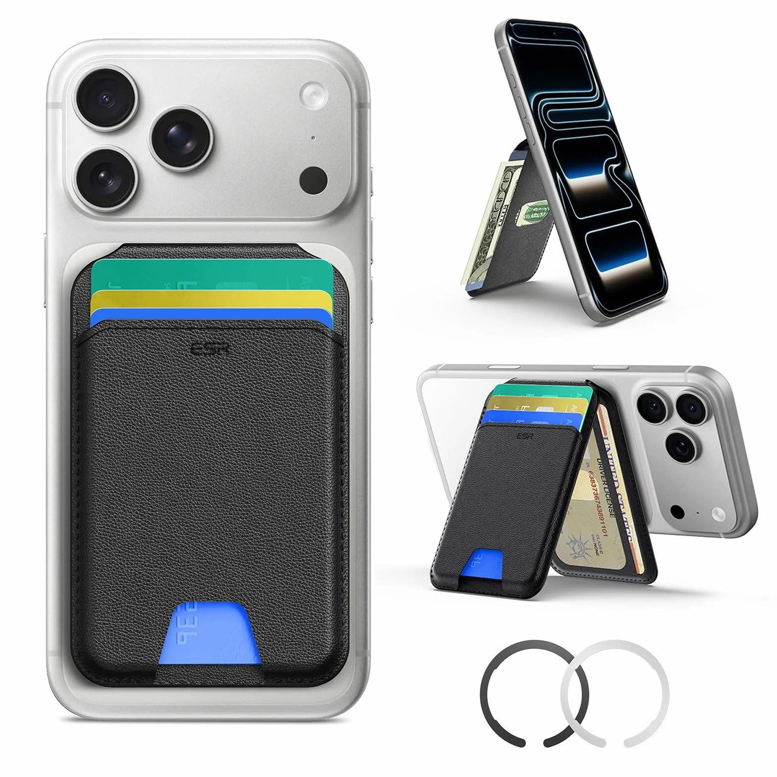 ESR para MagSafe Cartera, Compatible para Magsafe Wallet, Bloqueo RFID, Soporte Ajustable, 5 Tarjetas, Cuero Vegano,para iPhone Series iPhone 17e/17/16/15/14/13/12 y Algunos Dispositivos Samsung,Negro