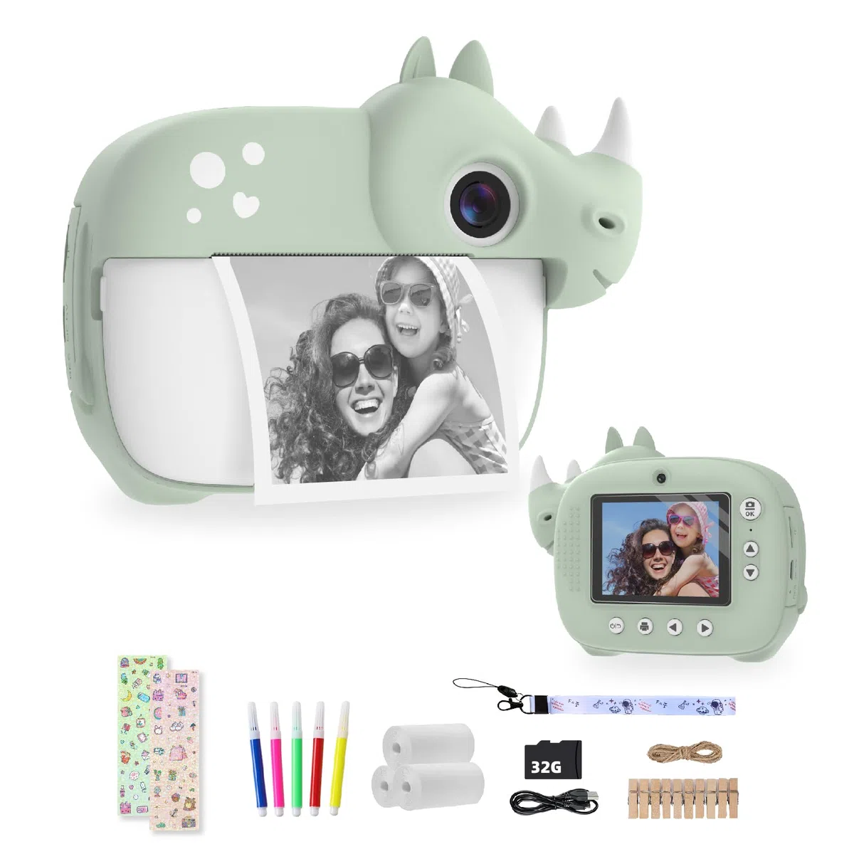 CAMCLID Camara Fotos Infantil Instantanea, Cámara de Fotos Instantáneas para Niños con Tarjeta de 32G y Accesorios de Cámaras, 12MP/1080P HD Cámara Digital, Regalos para Niños y Niñas (Verde)