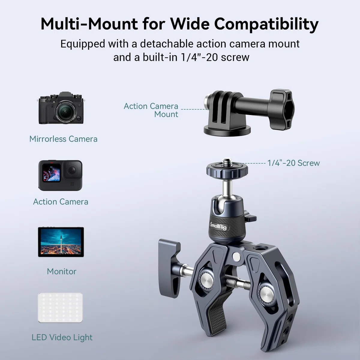 SMALLRIG Super Clamp con Rótula, Clamp de Montaje de Cámara con Adaptador Gopro, Monitor de Cámara, luz LED, Carga Máxima de 3,5kg (7,7lb) - 4102