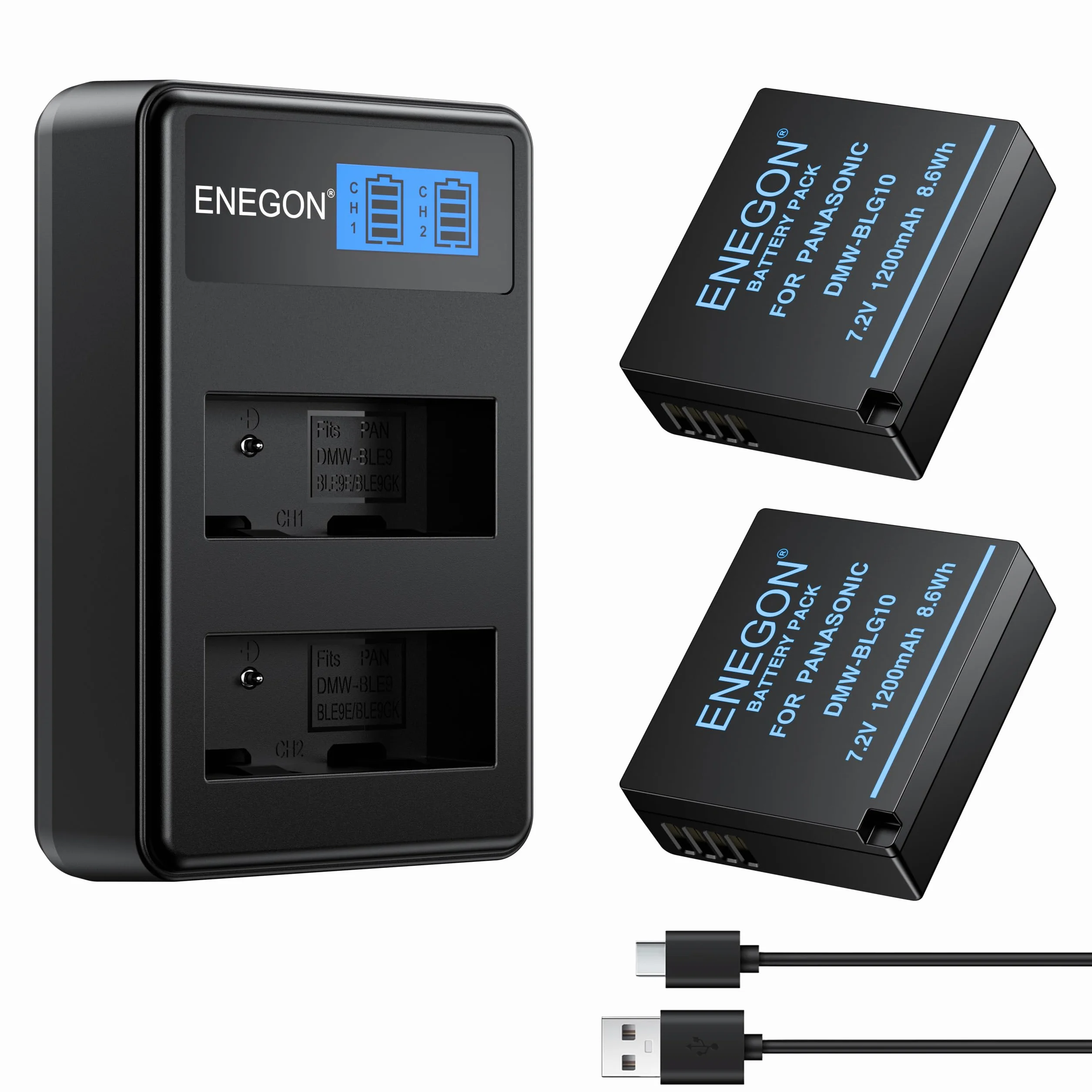 ENEGON DMW-BLE9 DMW-BLG10 Batería (2x1200mAh) y Cargador, + Cable USB-C y Pantalla LCD, para Panasonic Lumix DC-LX100 II, TZ202, TZ101, TZ99, TZ91, TZ81, DMC-GX7, DMC-GX9, DMC-GX80, DMC-GX85