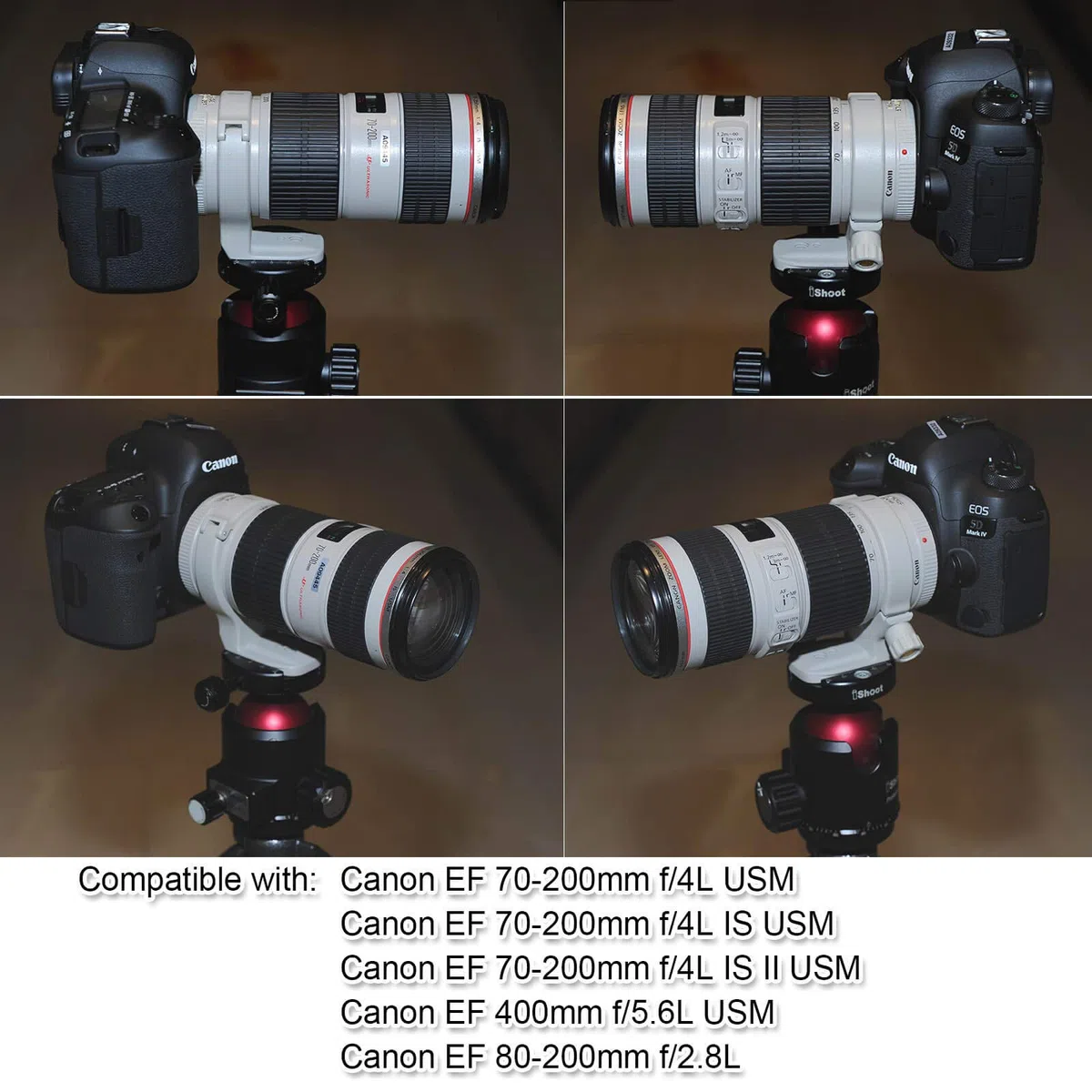 iShoot Anillo de montaje de trípode de metal, soporte de cuello de lente AII (W) compatible con Canon EF 70-200 mm f/4L / IS / IS II USM, 80-200 mm f/2.8L, 400 mm f/5.6L USM, parte inferior con ranura