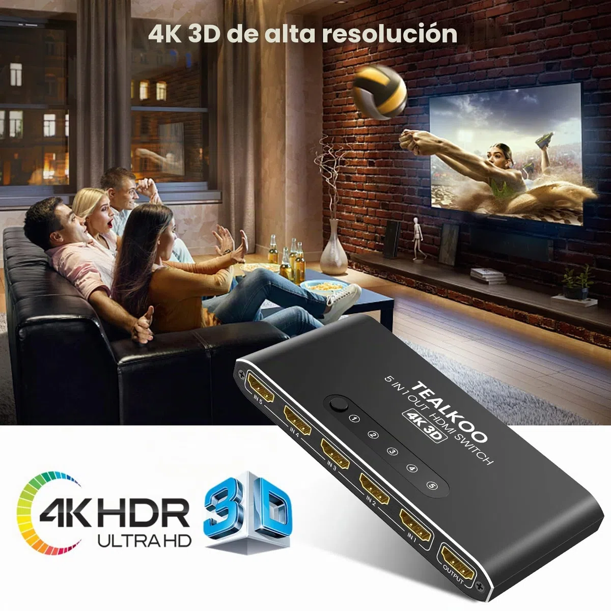 Divisor HDMI 5 en 1 Aluminio Switch Automático con Mando a Distancia - Conmutador 4K 3D HDR Compatible con PS4, Xbox, TV Stick, TV Blu-Ray Player