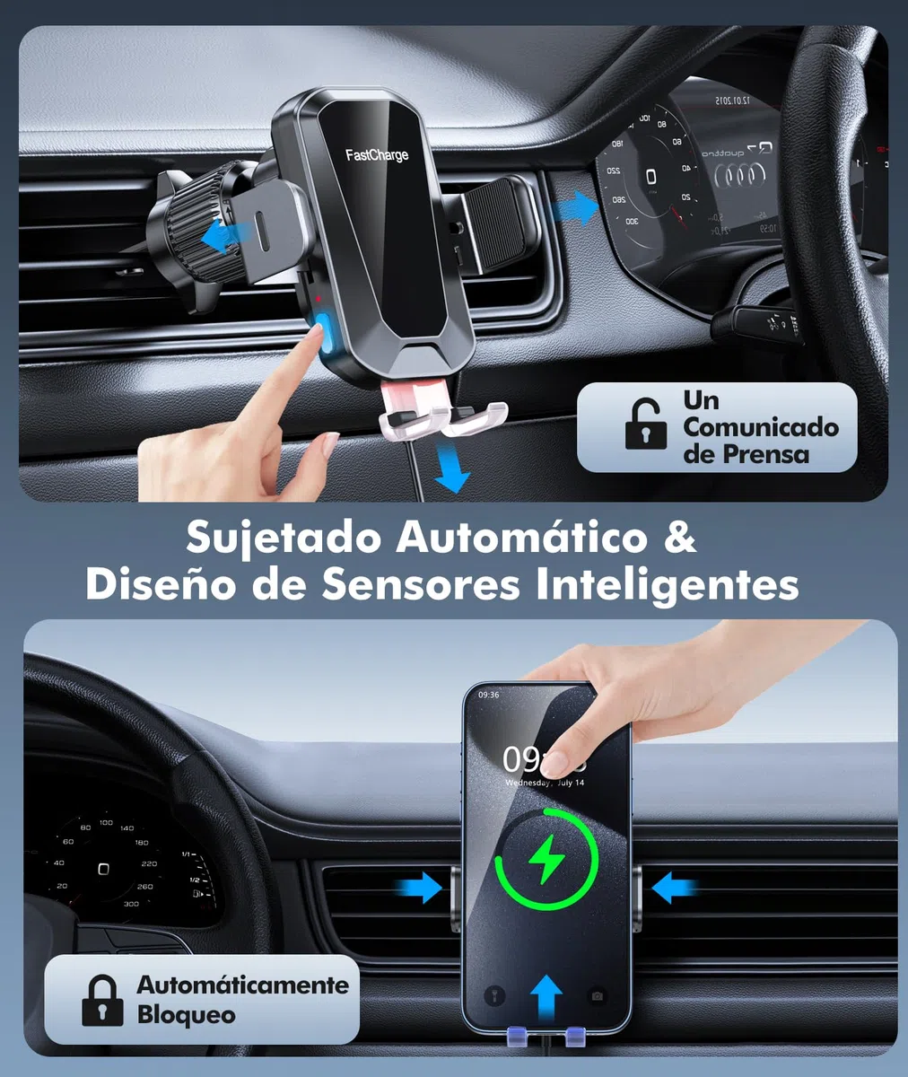 EOIWUY 15W Cargador Inalámbrico Coche, [Sujeción Automática] 360° Rotación Soporte Movil Coche Cargador Inalambrico Carga Rápida para Rejilla Compatible con iPhone 17/16/15/14/13, Galaxy S25/S24, etc