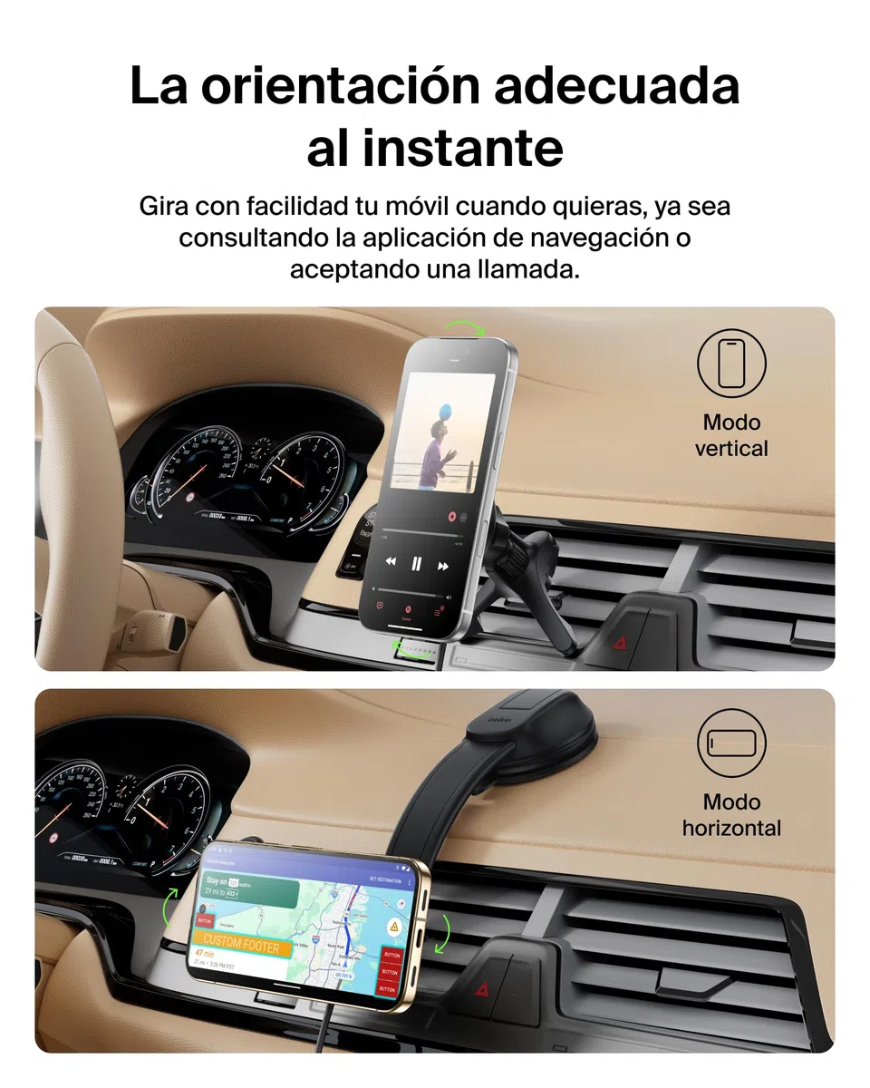 Belkin Cargador Coche Carga Rápida con Soportes para Rejilla de Ventilación y Salpicadero, Cable USB-C, Cargador Magnético Inalámbrico Qi2, MagSafe, iPhone 17, Pixelsnap y Galaxy S25 - Negro