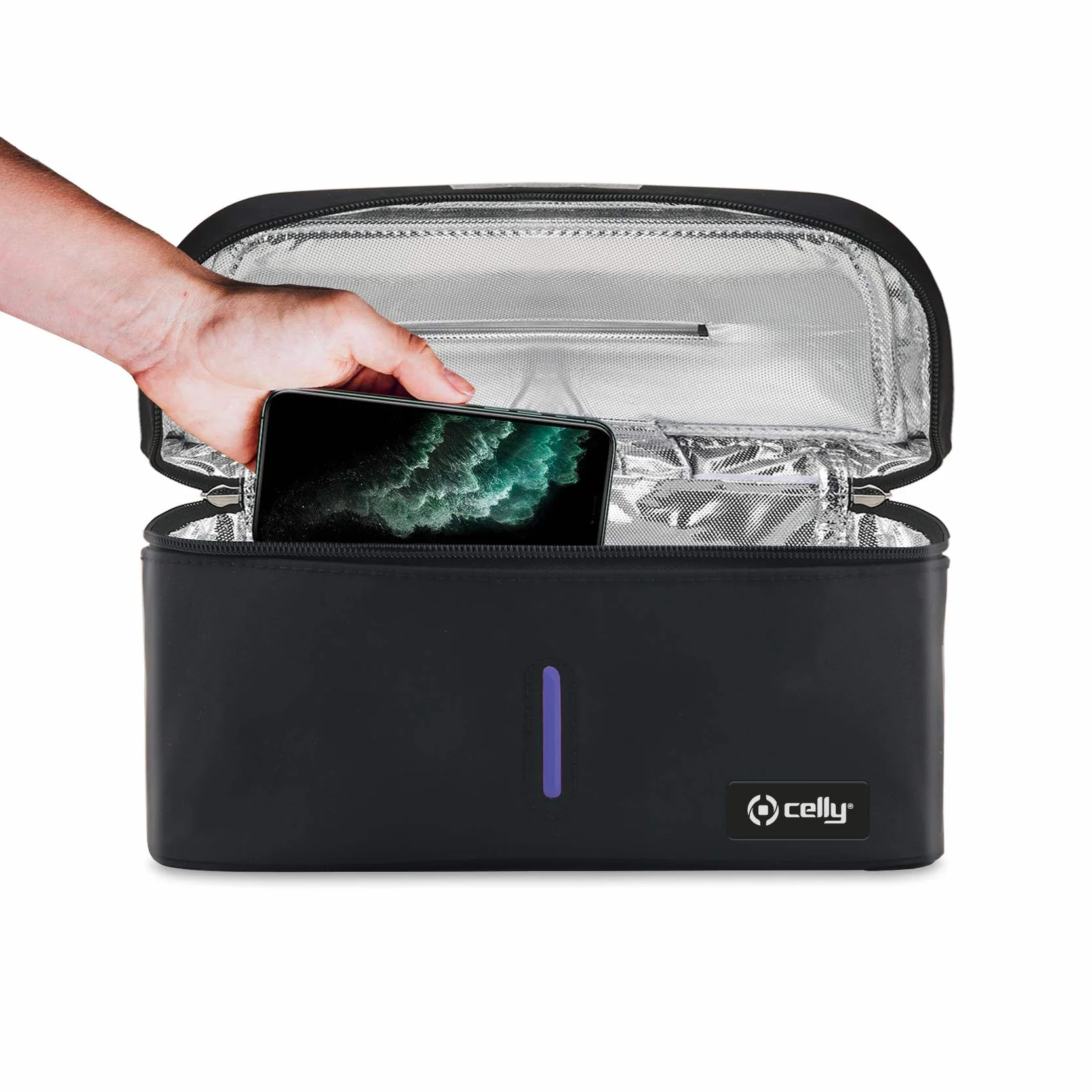 Celly Máquina Esterilizadora Portátil de Rayos UV Universal (Certificaciones), Bolsa Desinfectante con Rayos UV-C para Smartphones y Accesorios, Tablets de hasta 8", Relojes, Mascarillas, Guantes.