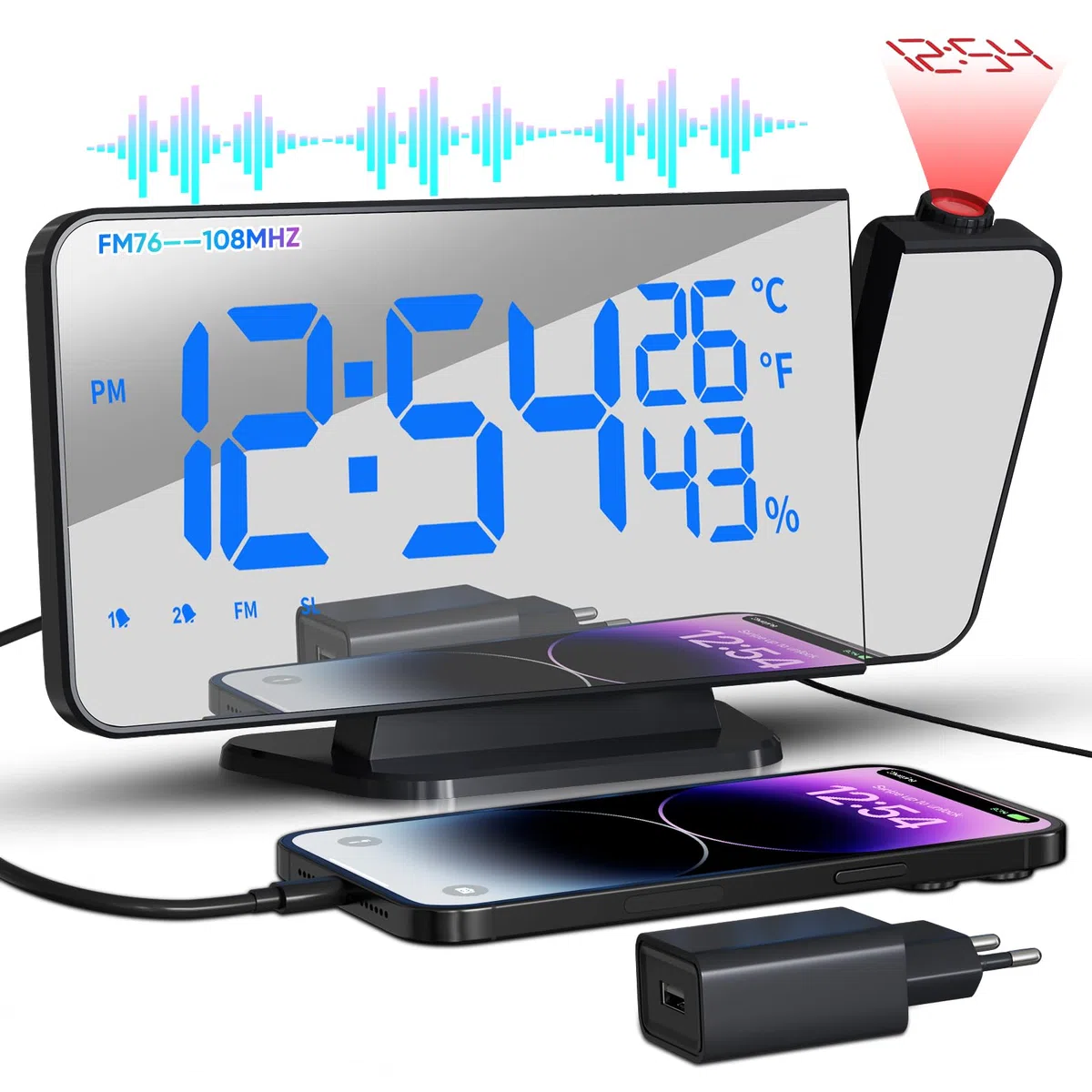 TAKRINK Despertador de Proyección Reloj Digital Proyector 180° Rotativo Radio Despertador con Radio FM Humedad Temperatura Interior con Puerto de Carga Tipo C 2 Alarmas 4 Niveles de Brillo 12/24H