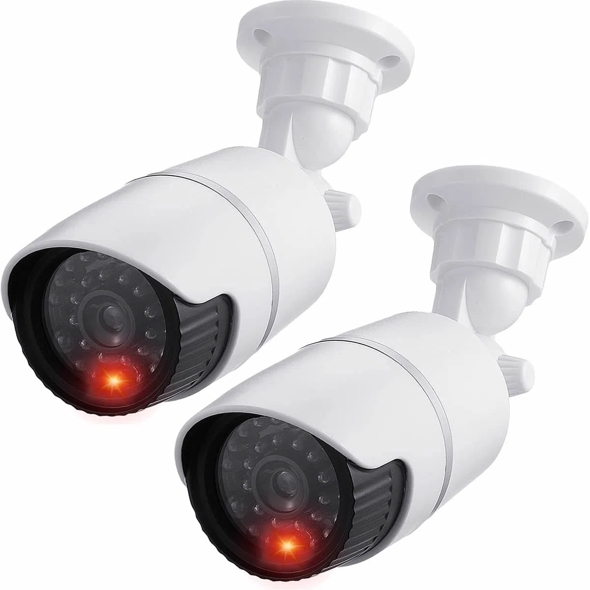 JUSTOP Cámaras CCTV falsas, 2 cámaras de seguridad falsas con LED intermitente, impermeables para uso en interiores o exteriores, carcasa profesional en blanco y negro (paquete de 2 unidades)