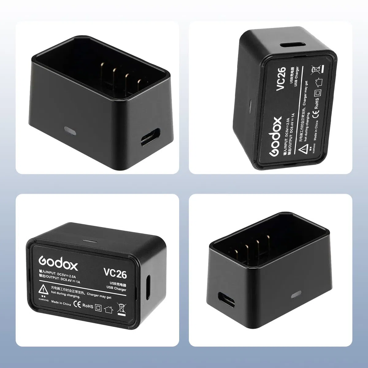 Godox VC26 cargador USB V1 V1Pro cargador de batería, entrada DC 5 V DC 8,4 V salida, compatible con la batería de flash de cabeza redonda de la funda: V1-C/N/S V1Pro-C/N/S V860III-C/N