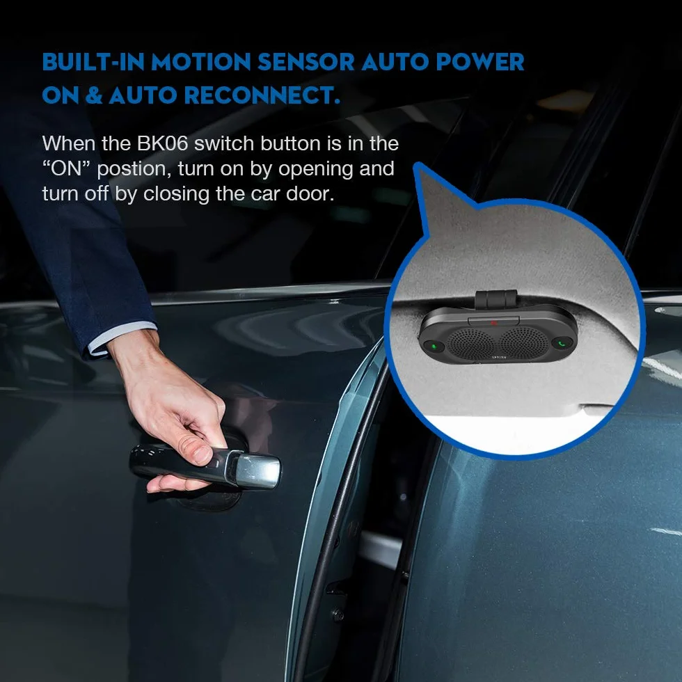 Besign BK06 Manos Libres Bluetooth para Coche, Altavoz Bluetooth Coche, Potente 2 X 2W, Soporta GPS y Música, Auto Encendido Apagado, Conectividad de Doble Enlace y Clip Visor