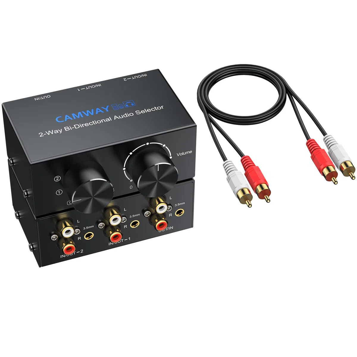 CAMWAY 1x2/2x1 Conmutador de Audio Bidireccional (RCA y 3.5mm) con Control de Volumen e Interruptor Off, Conmutador Estéreo R/L, para Altavoces, Auriculares, Amplificadores, Reproductores de CD