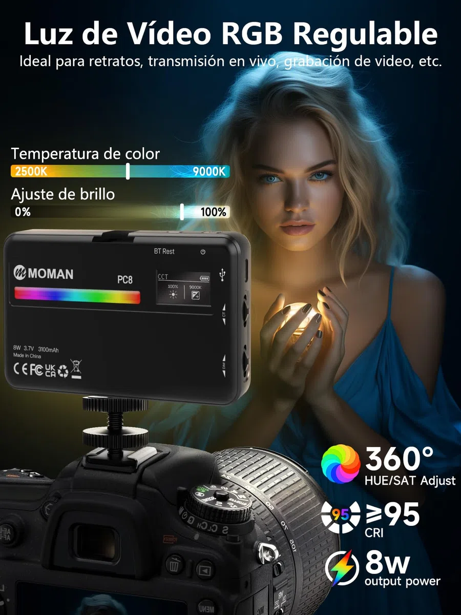 Moman PC8 Antorcha LED RGB Fotografia Portátil de 125g con Batería Recargable Iluminación Vídeo para DSLR Reflex, Foco-Cámara-Antorcha-Video-Led
