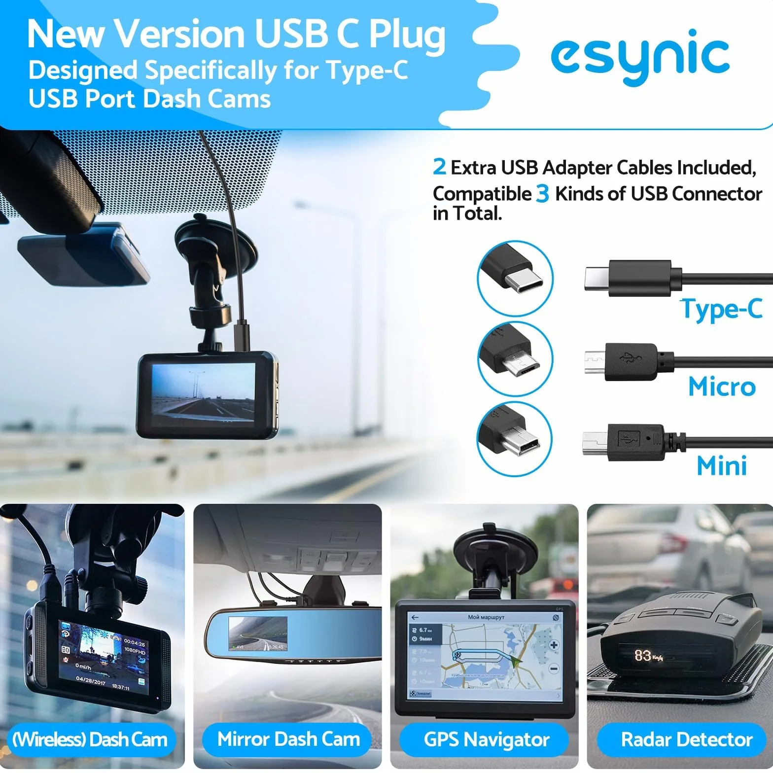eSynic Dash CAM Hardwire Kit Tipo C Kit de Cableado Duro USB Dashcam 12V-24V a 5V para Cámara de Tablero con Adaptador Mini y Micro USB y 4 Tipos de Fusibles Mini/LP, ACS, ATO, Micro2, etc.
