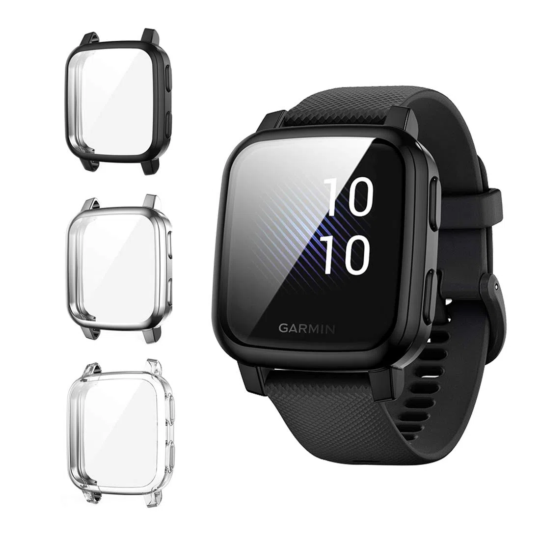 Diruite Pack de 3 protectores de pantalla para Garmin Venu SQ/Venu Sq Music Protector de pantalla de TPU flexible [anti-manchas] [resistente a los arañazos]-transparente+plateado y negro