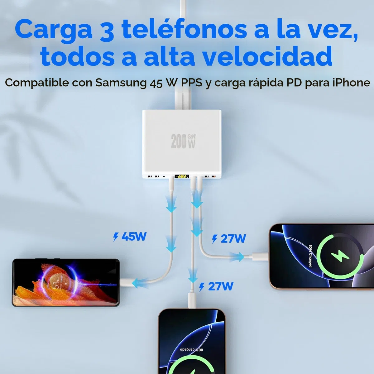 Cargador USB C Multiple 8 Puertos con Pantalla LED, YSYFAD 200W Estacion de Carga PD PPS Cargador USB C Carga Rapida Charger Tpye-C 45W QC USBA para iPhone iPad Macbook Portátiles Samsung, Blanco