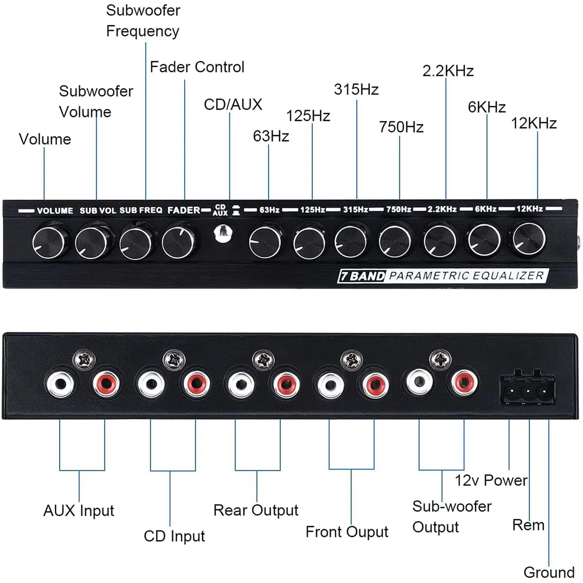 gluttonous Ecualizador de Audio para AutomóVil de 7 Bandas, Ecualizador GráFico Ajustable para Amplificador de AutomóVil EQ de 7 Bandas Interruptor de SeleccióN de Entrada CD/AUX, Negro