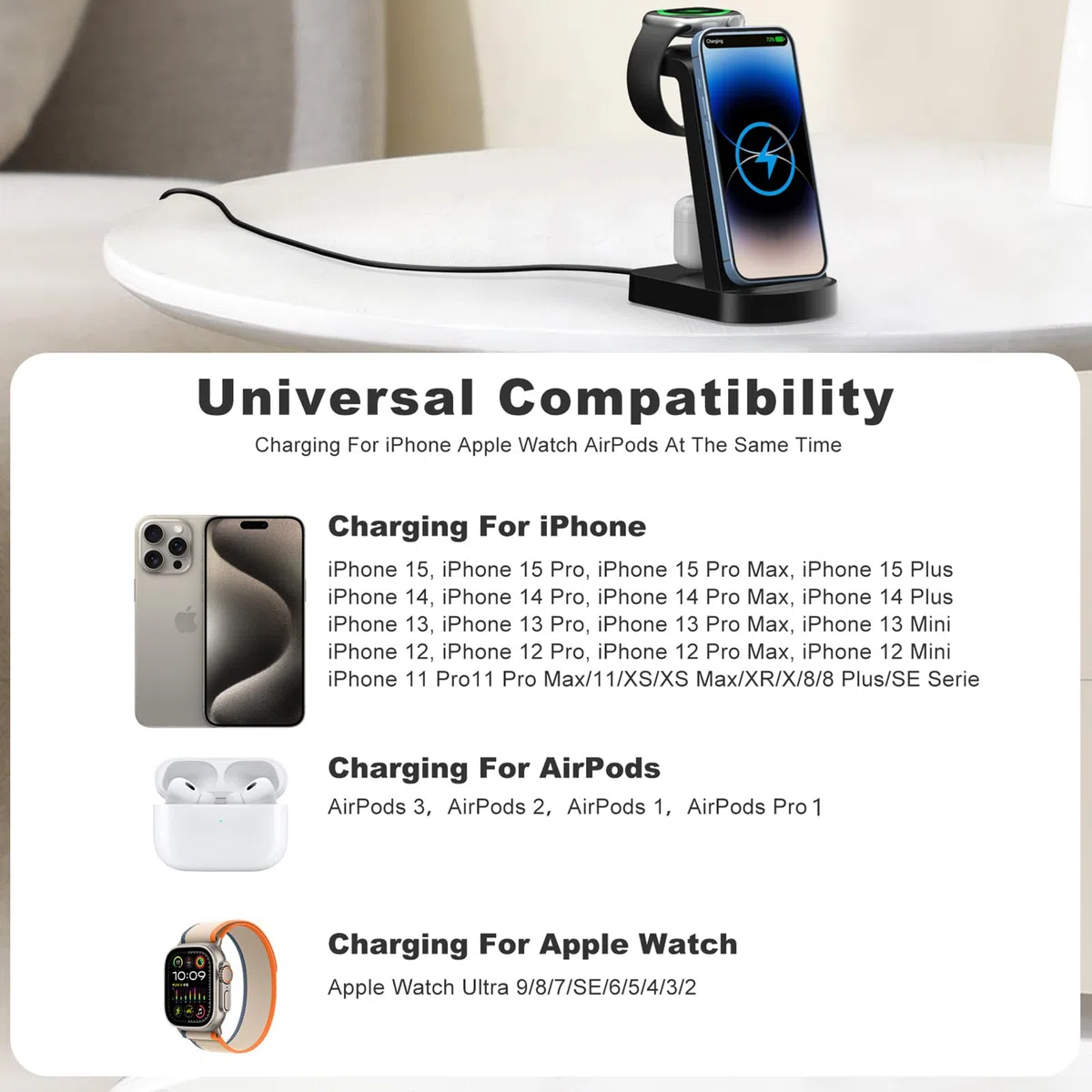 Cargador inalambrico,INNISTO Cargador inalambrico con 18W Adaptador,estacion de Carga Compatible con iPhone 17/16/15/14/13/12 Pro/Pro MAX,Apple Watch Ultra/10/9/8/7/SE/SE2/6/5/4 AirPods321/Pro1 Negro