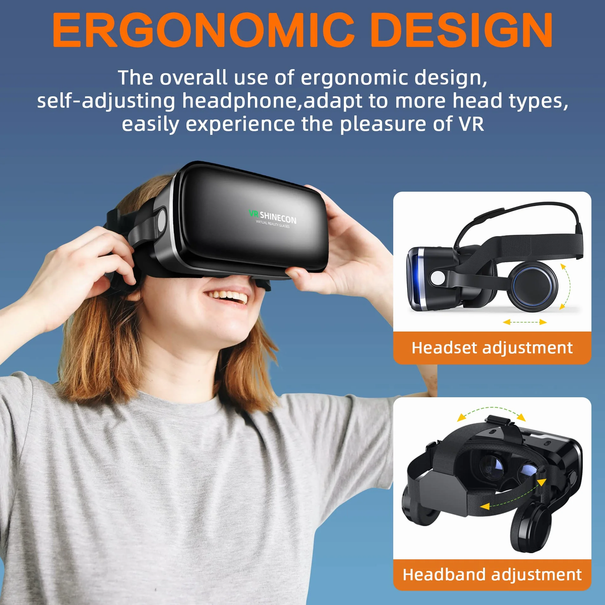 Gafas VR con Auriculares, 3D Gafas Realidad Virtuales,Visión Amplia 360 Grado Película 3D Juego Envolvente para Móviles 4.7-6.6 Pulgada Inteligentes por Android/iPhone