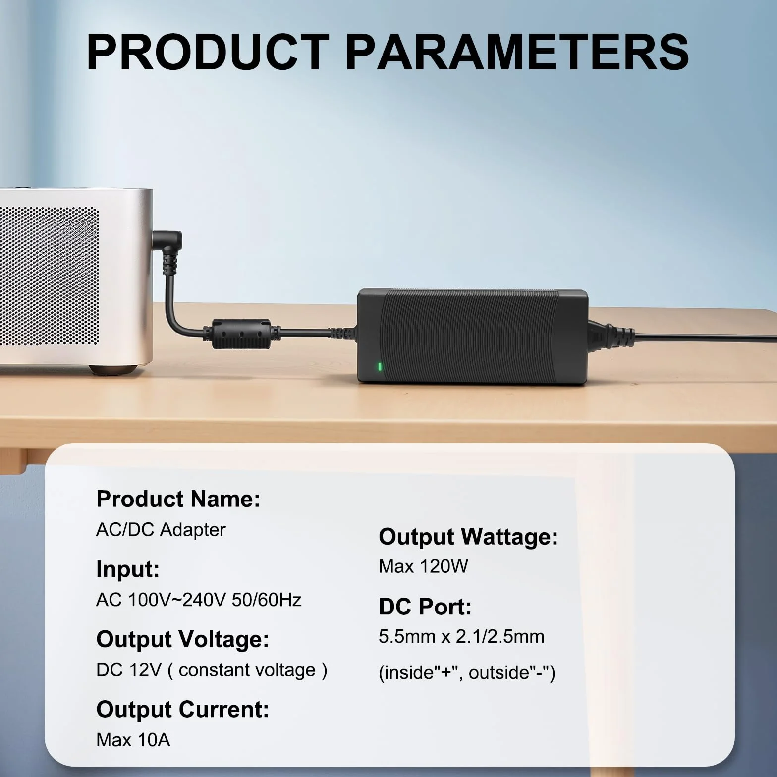 Adaptador de Alimentación AC/DC 12V 10A, Conversor de 100-240V AC a 12V DC con Conector de Corriente DC, Ideal para Tiras LED, Routers y Otros Dispositivos