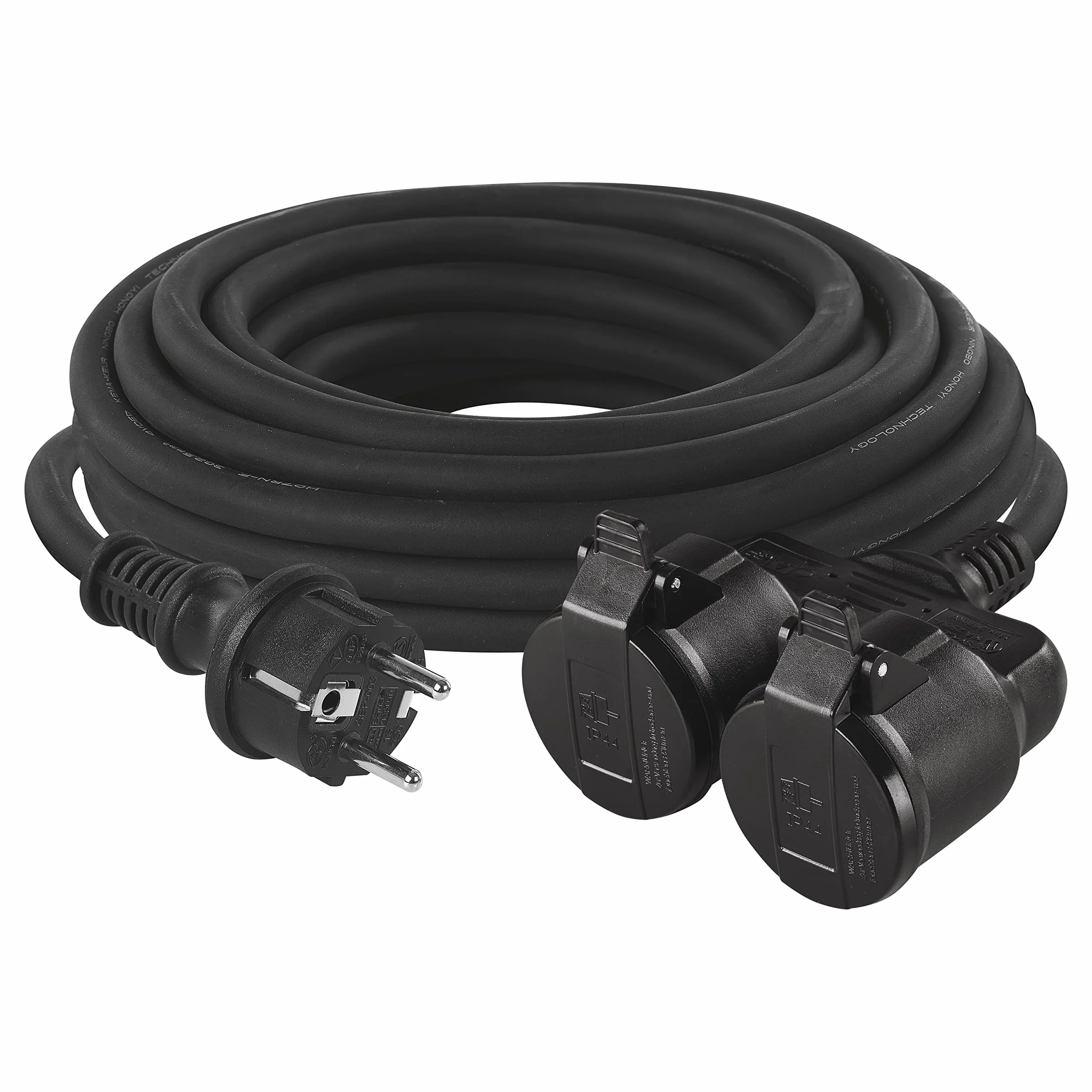 EMOS cable alargador IP44 10 m, 2 Schuko, resistente agua, calor, golpes, 230 V 16 A 3680 W, goma H05RR-F3G 1.5 mm², exteriores, negro