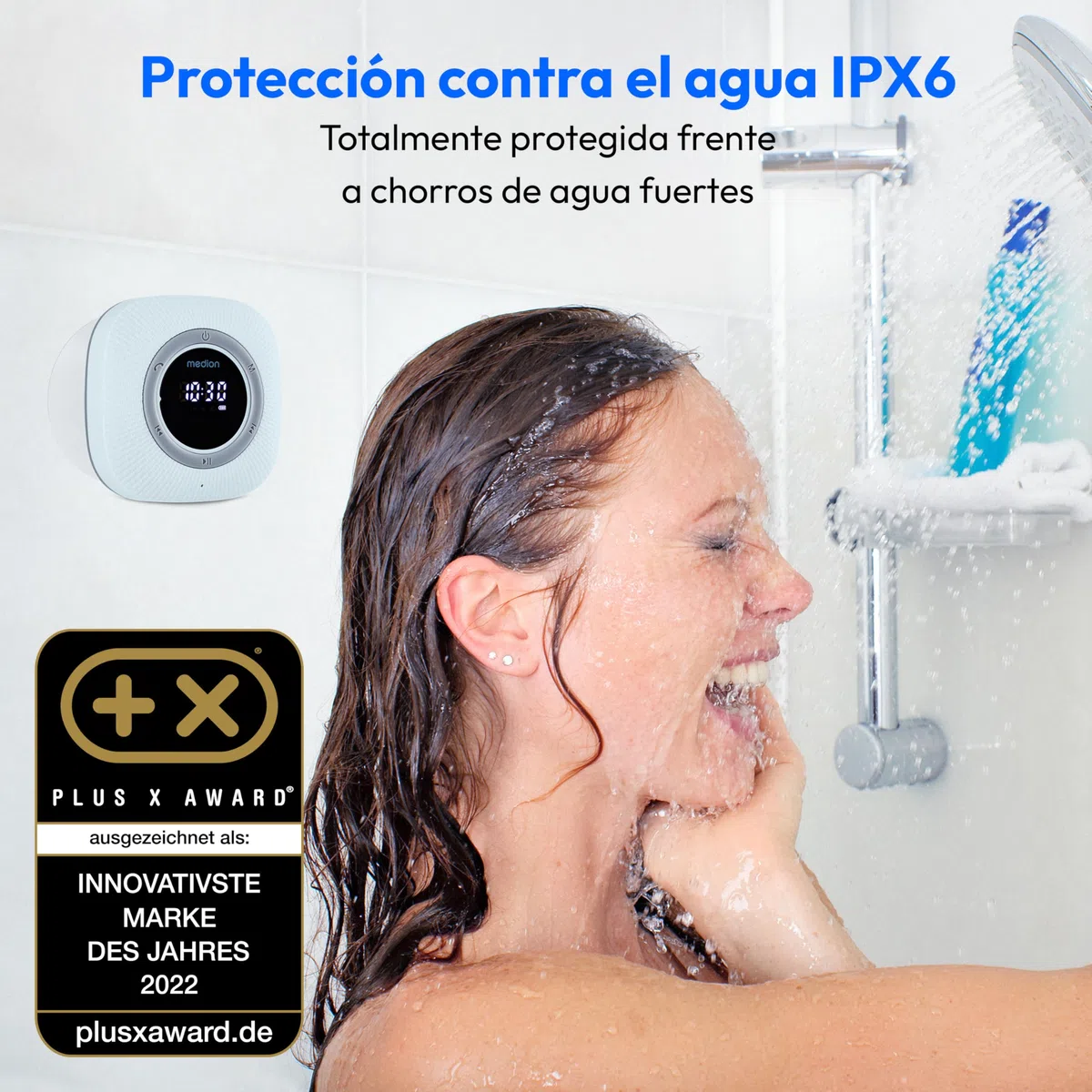 MEDION P66096 Radio de Ducha con Bluetooth (Radio de baño, Radio FM, Ventosa, Pantalla LED, Impermeable IPX6, batería Recargable integrada, MD43884) Azul