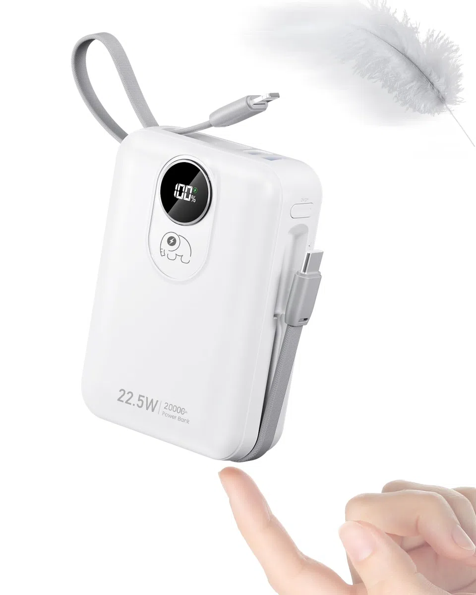 20000mAh Power Bank con Cable Incorporado: Batería Externa de Carga rápida de 22.5W para teléfono móvil, Battery Pack USB C (Entrada y Salida), Cargador portátil con 4 Salidas y 2 entradas-Blanco