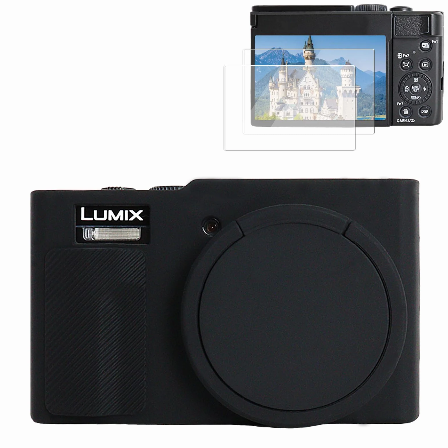 Rieibi Funda de Silicona para Cámara Panasonic Lumix ZS99/TZ99, Accesorios para Panasonic Lumix ZS99/TZ99 Funda Incluyendo 2 Piezas de Protector de Pantalla, Tapa de Lente Desmontable, Negro