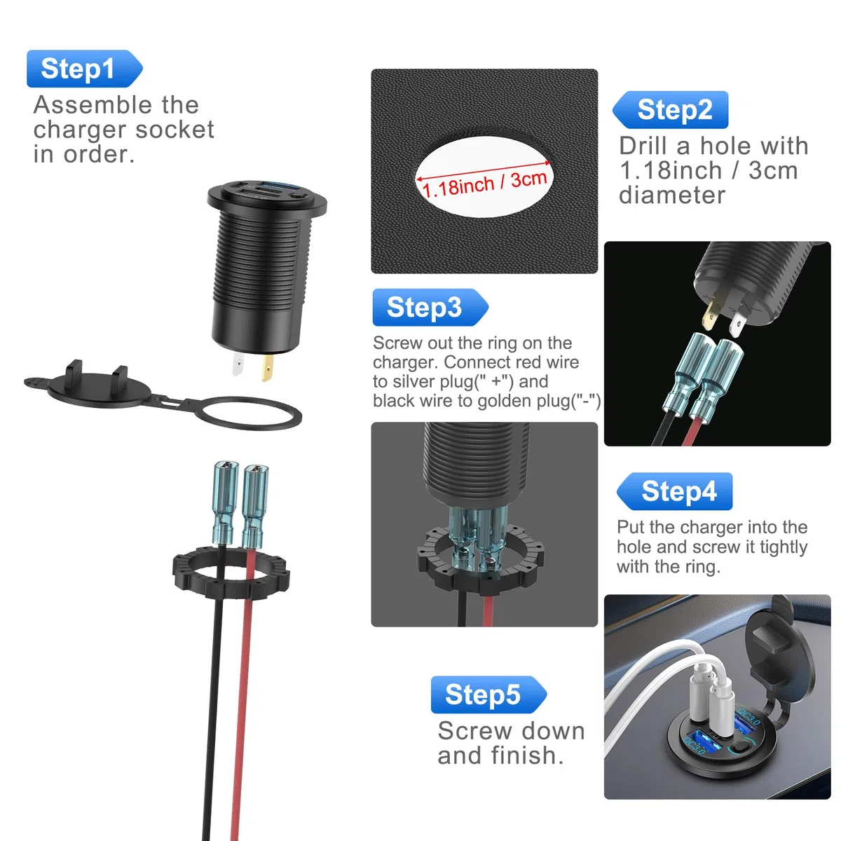 2 Paquete 78W Toma USB 12V Cargador de Coche, Super Rápido Doble PD3.0 & QC3.0 Múltiples Puertos USB para Coche, USB C Encendedor de Repuesto Enchufe de 12 Voltios Impermeable para Marina Barco Moto
