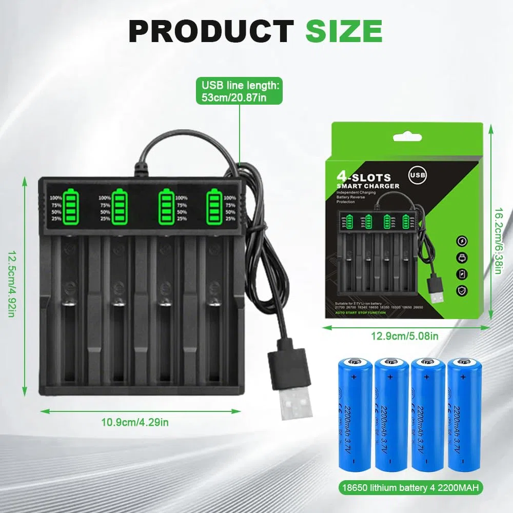 4PCS Pilas Recargables 3.7V, 2200mAh | Button Top Li-Ion Recargable Batería Adecuado con Cargador de 4 Ranuras, para Linterna Frontal, Dispositivos Electrónico
