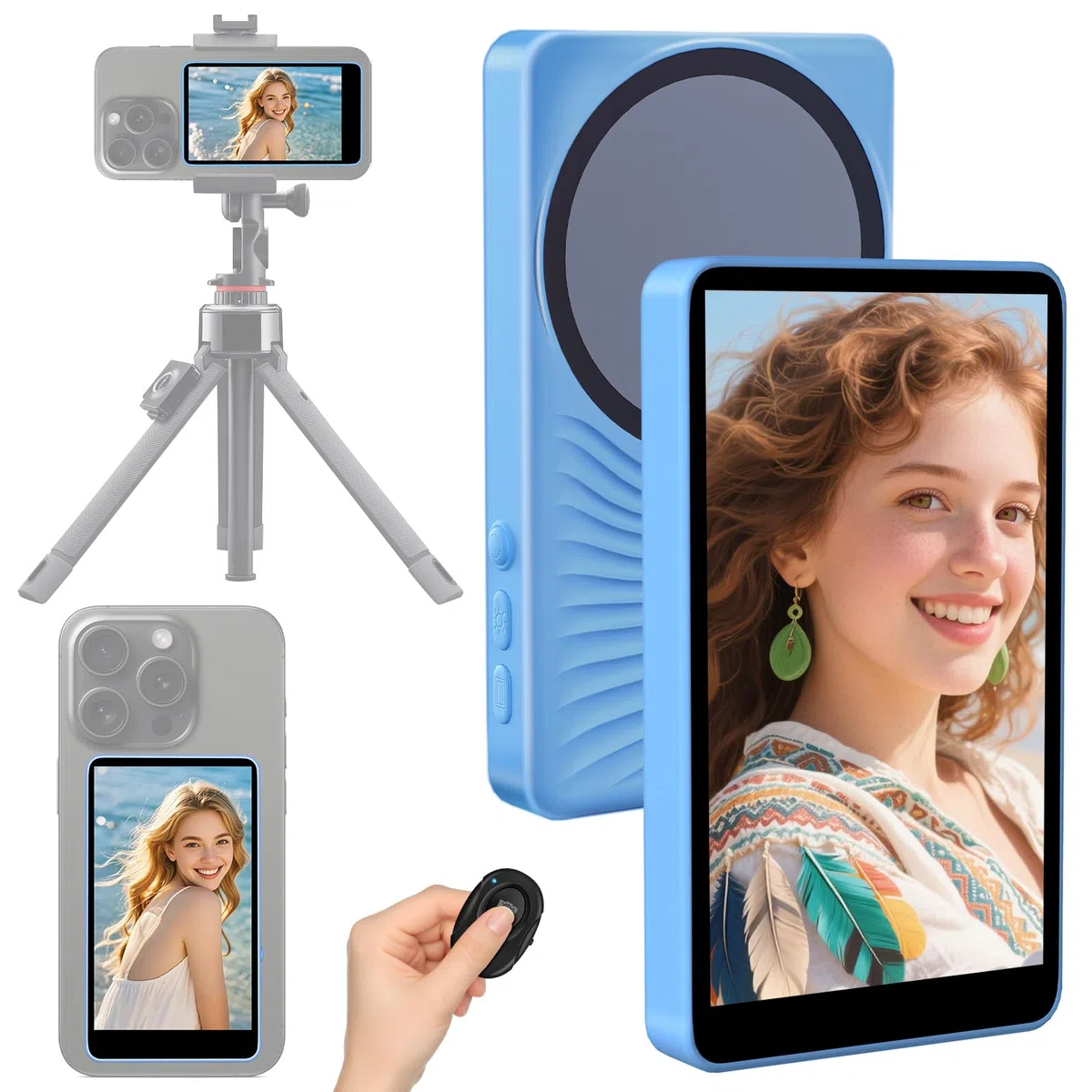 Teléfono Vlog Selfie Monitor Pantalla, 3 Niveles de Brillo,Grabación con Cable 4K 60fps,Control Remoto Bluetooth,Magnetic Phone Vlog Selfie Monitor Screen para LiveStream TikTok (Azul)