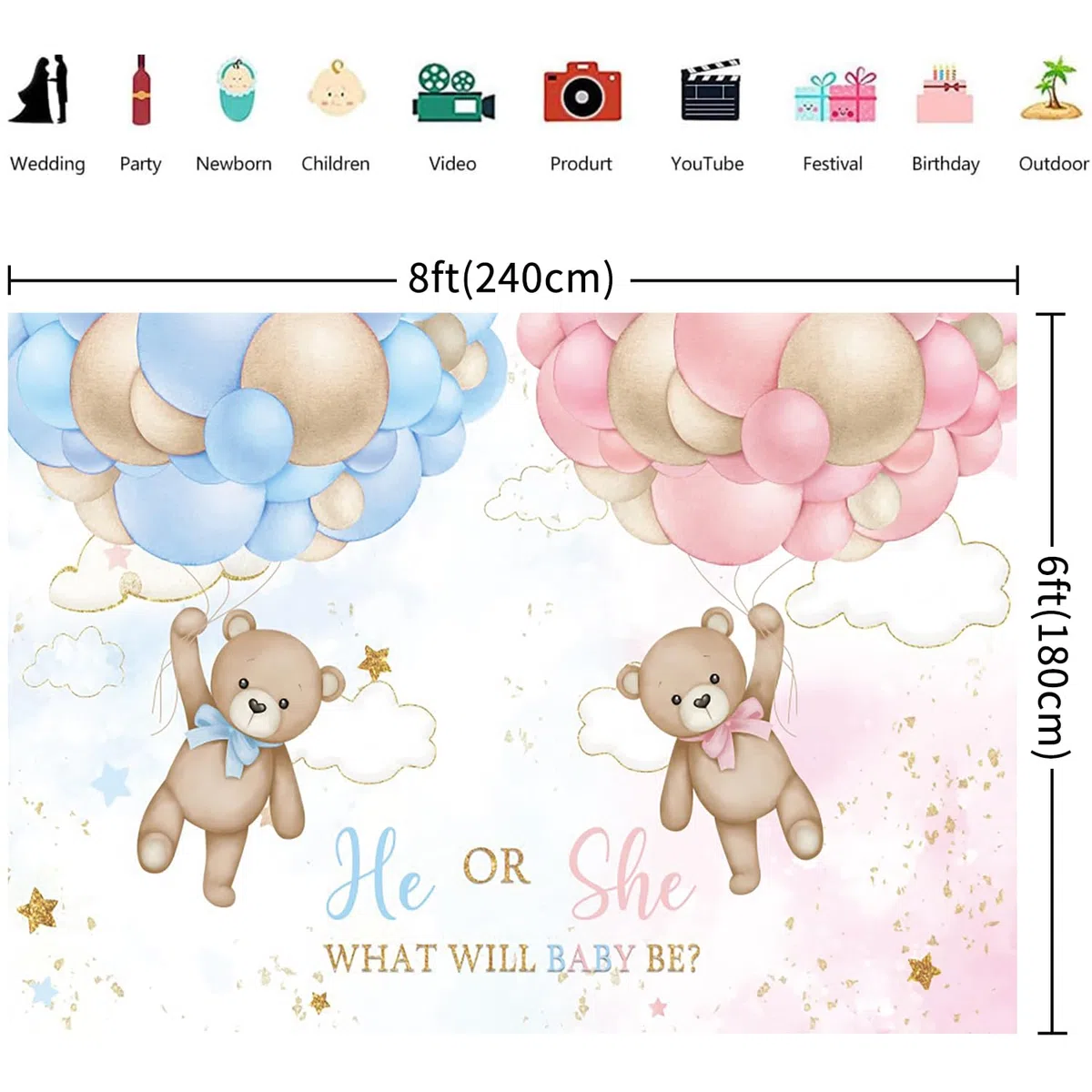 2.4x1.8m Telón de fondo revelación sexo Oso Globos Azul o Rosa He or She What Will Baby Be Fondo Fotográfico Fiesta de Revelación de Sexo Decoración de Mesa para Tarta Pancartas Atrezzo para Fotomatón