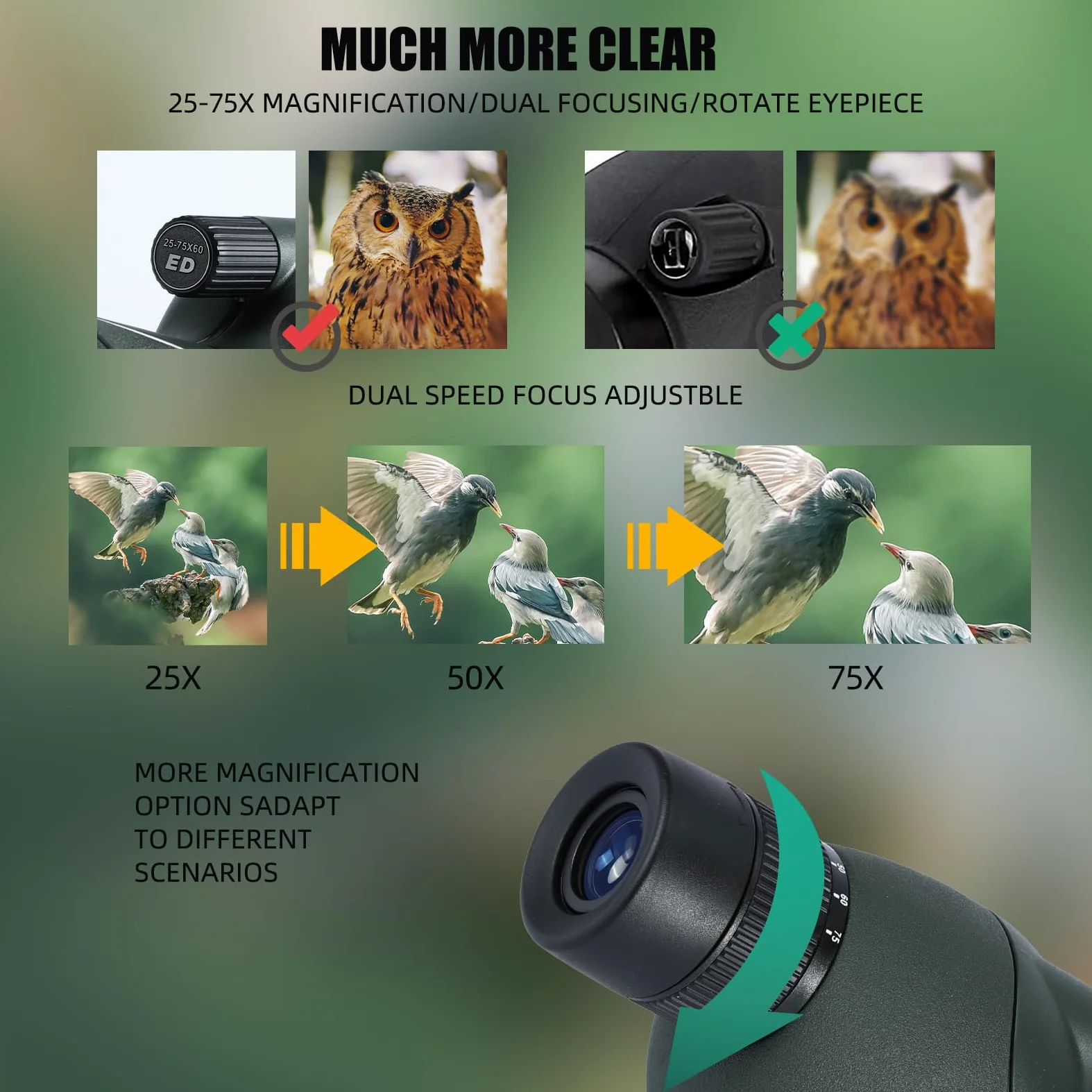 25-75X telescopio terrestre, Hunting Spotter Scope para Disparar a los Objetivos, Telescopios-A Prueba de Agua con Prisma BAK4 Trípode Adaptador de teléfono Bolsa de Transporte (GN0025)