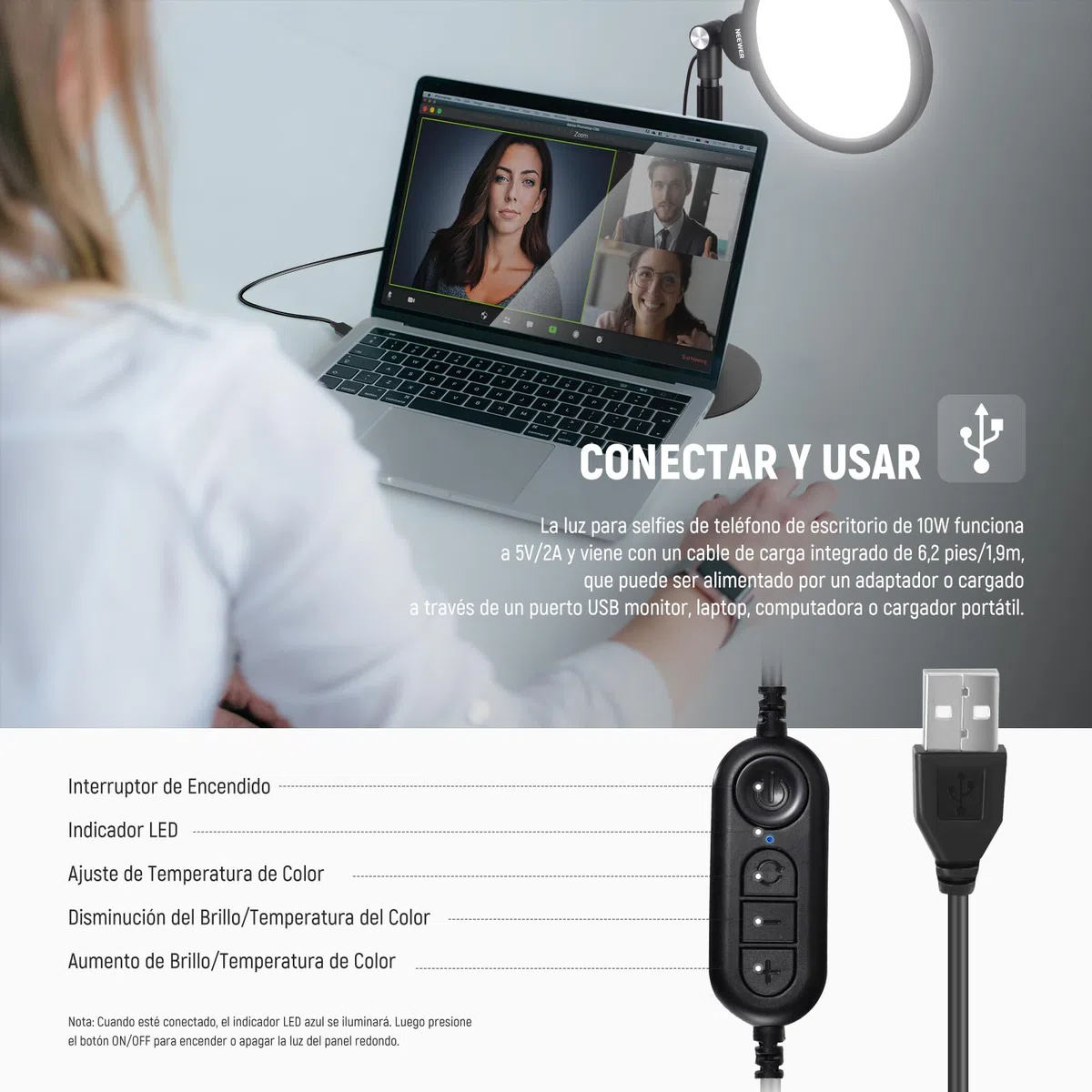 NEEWER Básico 7" Aro Luz Escritorio para Grabación, 10W Key Lighting Pantalla Completa Regulable con Soporte/Soporte Teléfono/Paño Limpieza para iPhone Laptop Vlog Live Streaming Videoconferencia,R06
