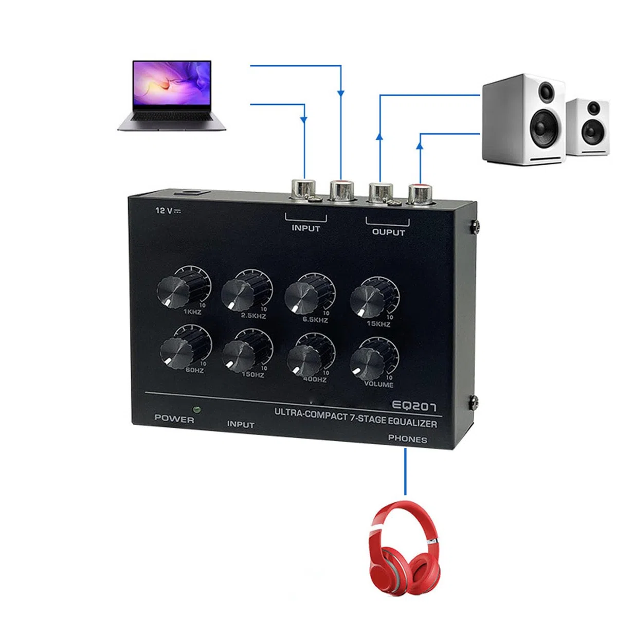 Ecualizador de Sonido de 7 Bandas, Ecualizador Mezclador de Audio de 2 Canales Ecualizadores Digitales con Conector para Auriculares de Entrada de 3,5 Mm para Ajuste de Agudos y (Enchufe de