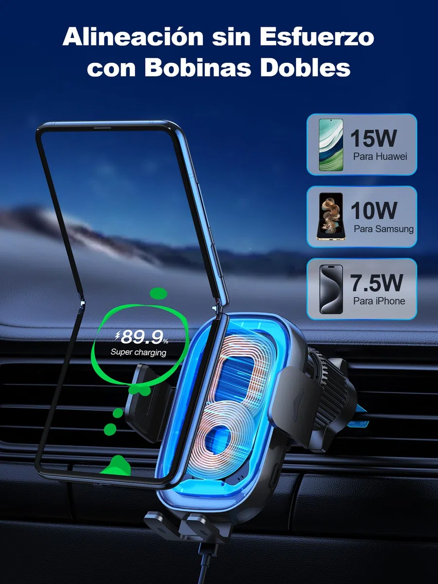 Mohard Cargador Inalámbrico Coche [Sujeción Automática], 15W Inducción Carga Rápida Soporte Movil Coche con Cargador Coche, Compatible con iPhone 17/16/15/14/13/12/11, Galaxy ZFlip5/4/3/S25
