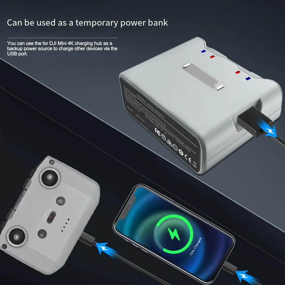 Base de carga para DJI Mini 2/4K, hub de carga bidireccional 3 en 1, estación de energía USB-C portátil con material de PC, gris