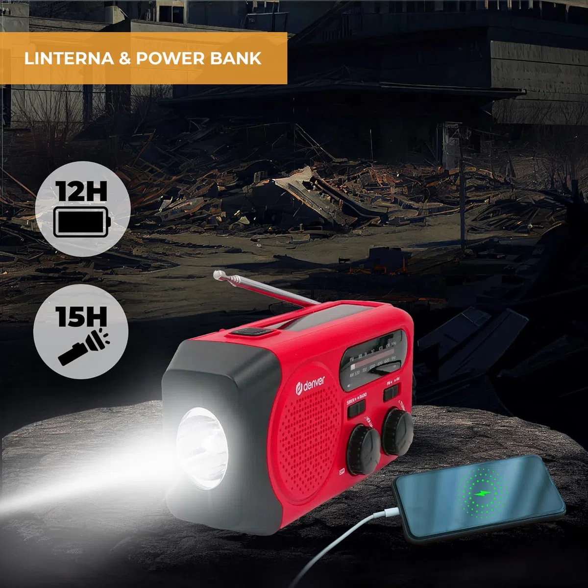 Denver SCR-2010MK2 Radio Solar de Emergencia con Manivela, Am/FM, Linterna LED 1W, Sirena SOS, Batería Recargable 2000 mAh, USB-C/USB-A, Funciona con Pilas AAA, para Apagones y Camping